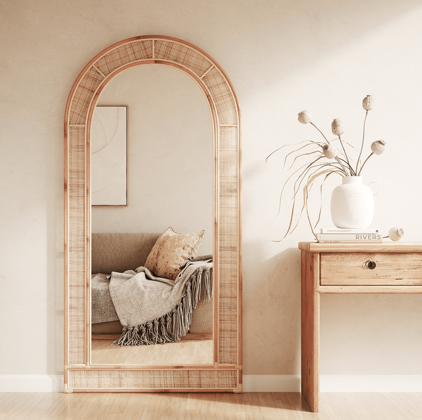 Handcrafted Rattan Floor Mirror Full Length, Boho Mirror, Authentic Craftsmanship, Rustic Design, Eco-Friendly Materials