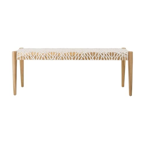 Handcrafted Teak Wood and Off-White Leather Weave Bench - Perfect for Entryway, Foyer, or Dining