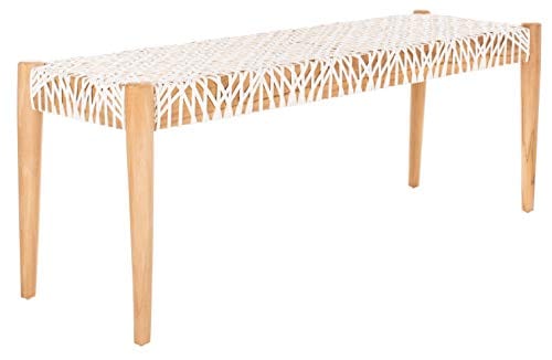 Handcrafted Teak Wood and Off-White Leather Weave Bench - Perfect for Entryway, Foyer, or Dining