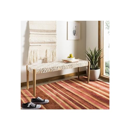 Handcrafted Teak Wood and Off-White Leather Weave Bench - Perfect for Entryway, Foyer, or Dining