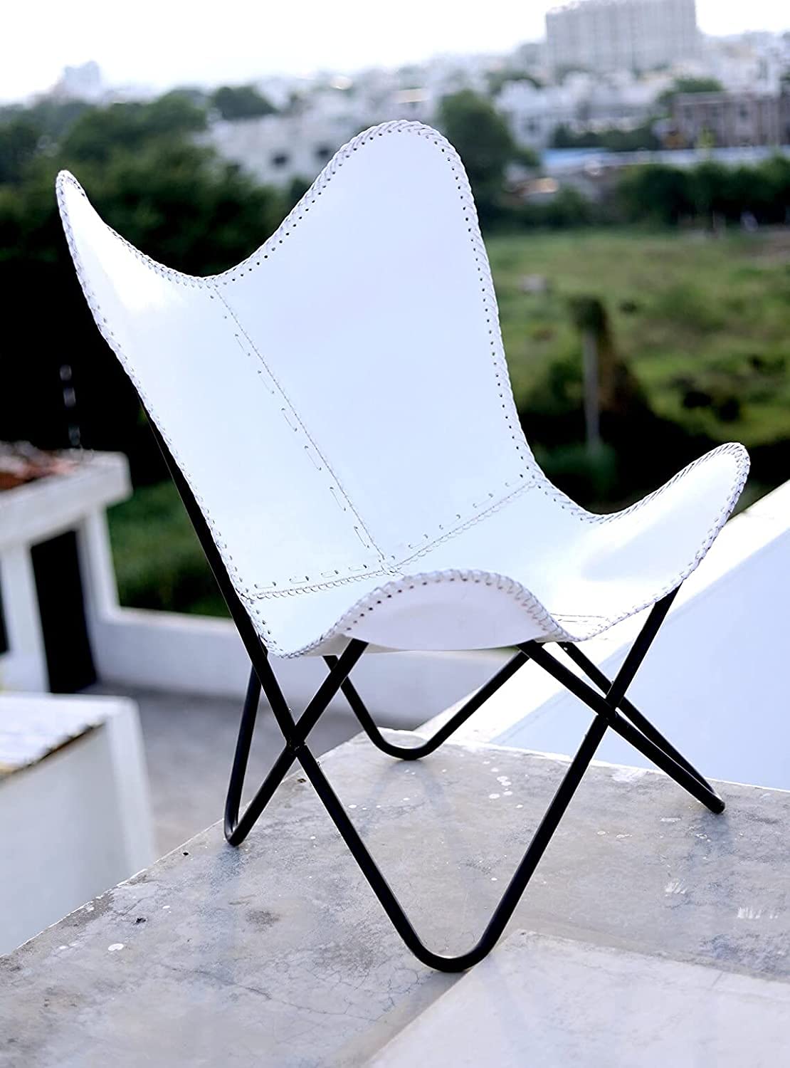 Handcrafted White Leather Butterfly Chair - Vintage Lounge Chair with Foldable Stand, Genuine Goat Leather