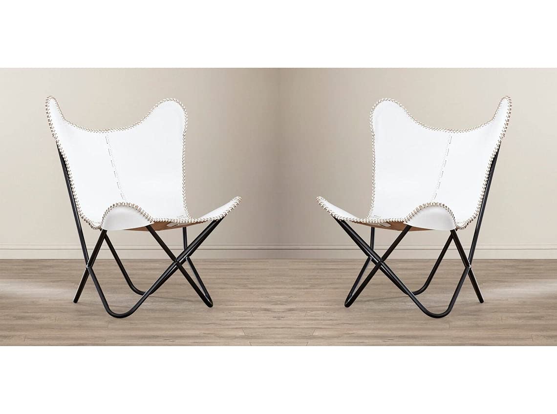 Handcrafted White Leather Butterfly Chair - Vintage Lounge Chair with Foldable Stand, Genuine Goat Leather