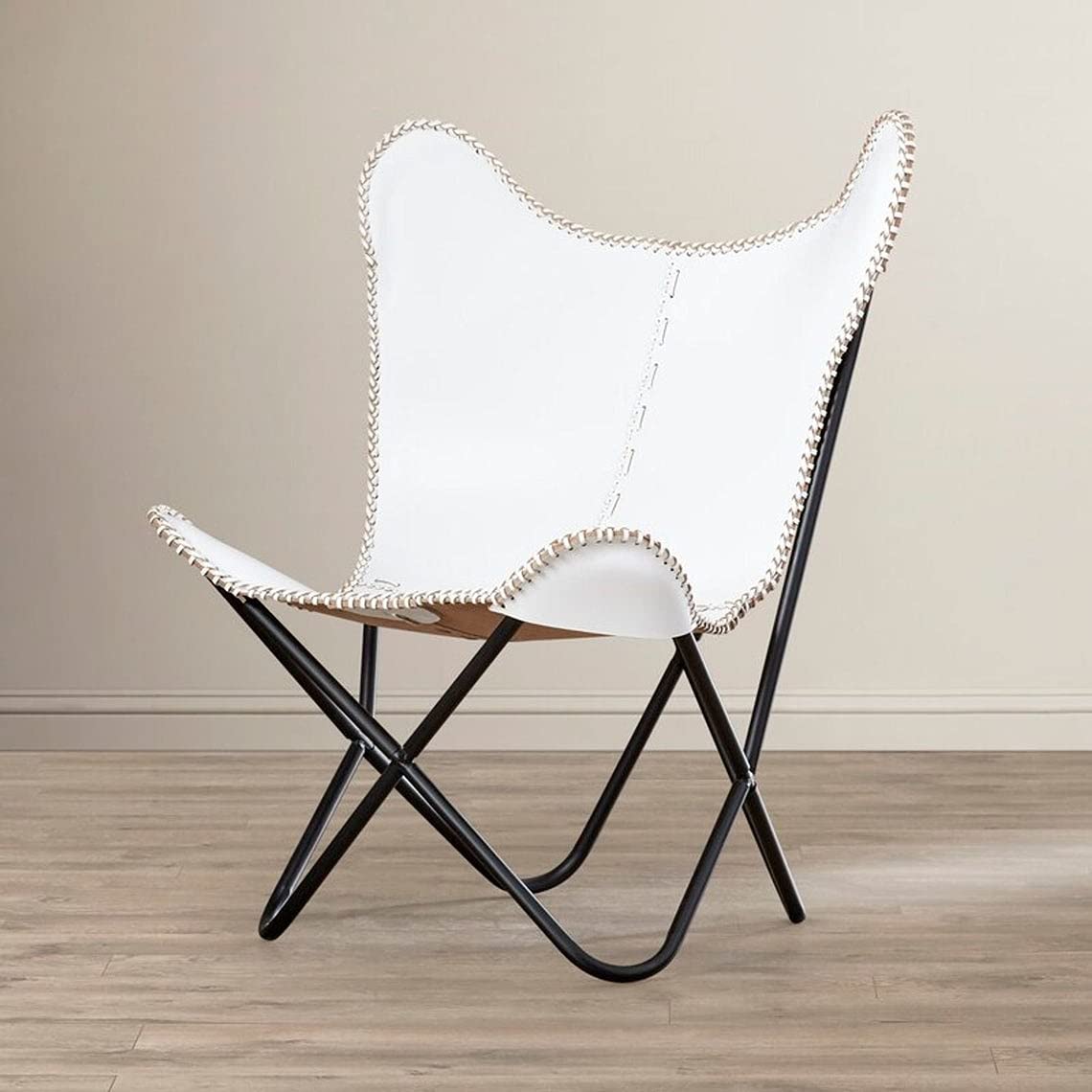 Handcrafted White Leather Butterfly Chair - Vintage Lounge Chair with Foldable Stand, Genuine Goat Leather