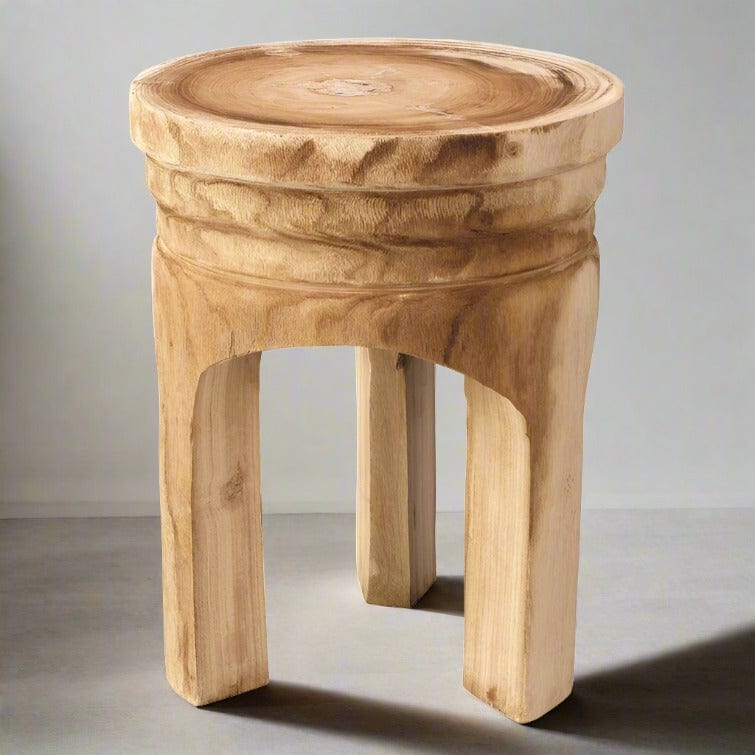 Handcrafted Wood Stool | Natural Grain and Raw Unfinished Surfaces | Rustic Accent Stool for Home Bar or Den