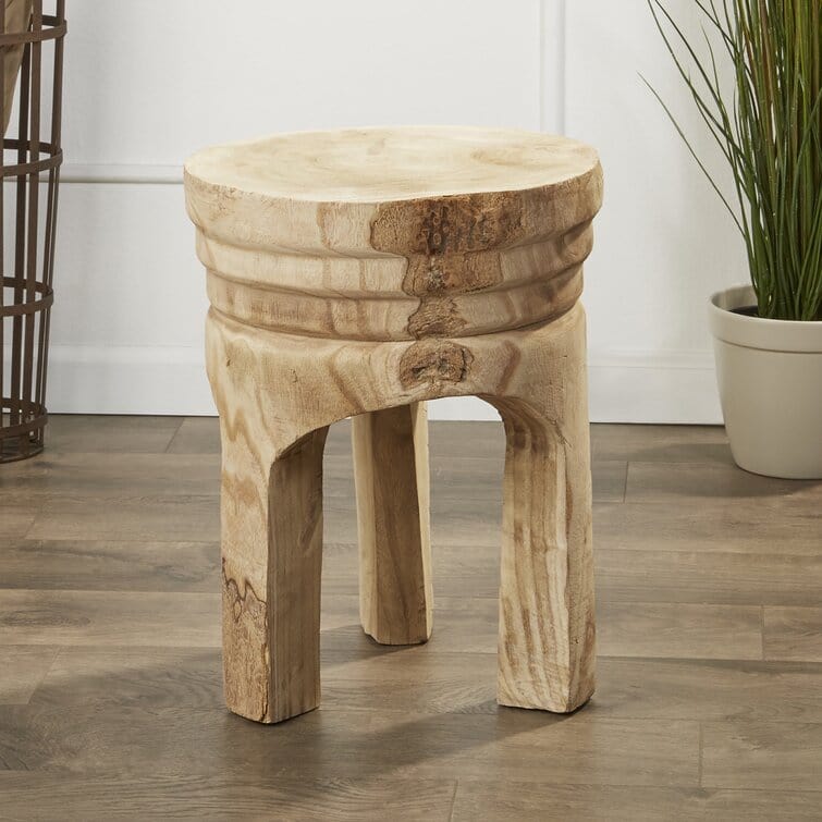 Handcrafted Wood Stool | Natural Grain and Raw Unfinished Surfaces | Rustic Accent Stool for Home Bar or Den