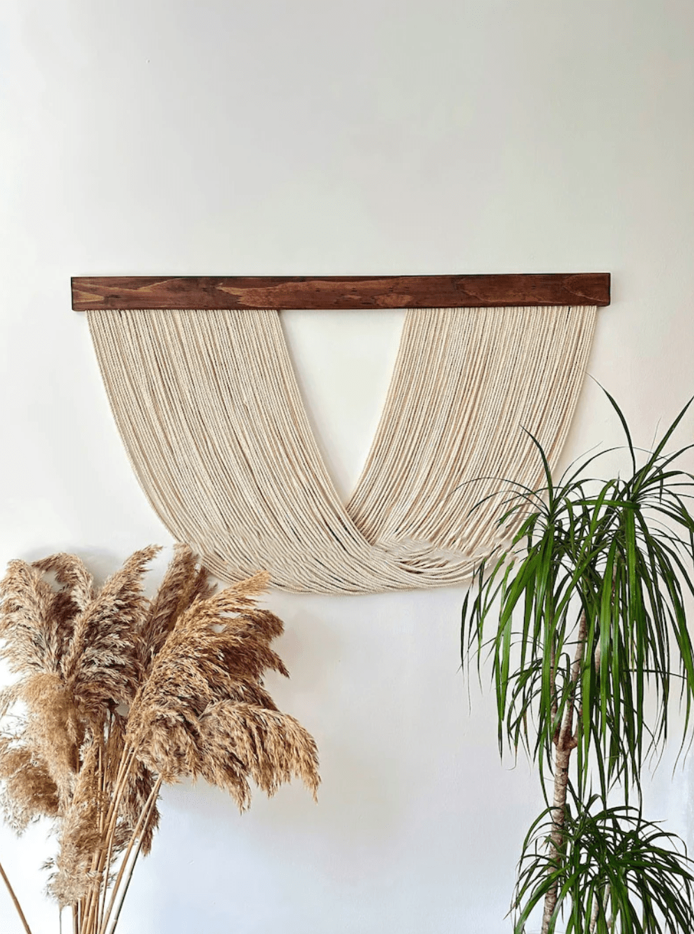 Handmade Boho Macrame Wall Hanging – Large, 40" x 24", Ecru-White Cotton with Wooden Branch