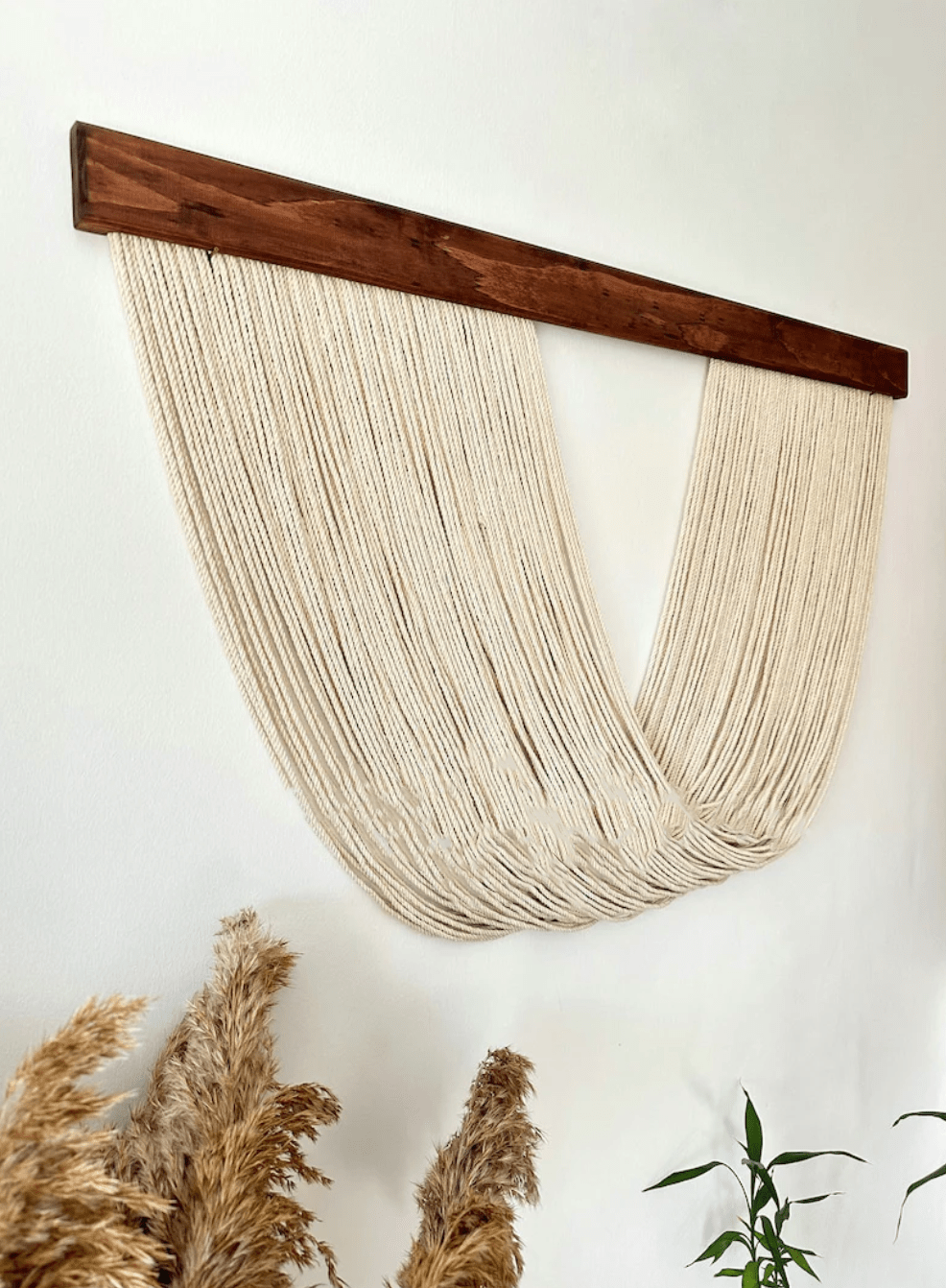 Handmade Boho Macrame Wall Hanging – Large, 40" x 24", Ecru-White Cotton with Wooden Branch