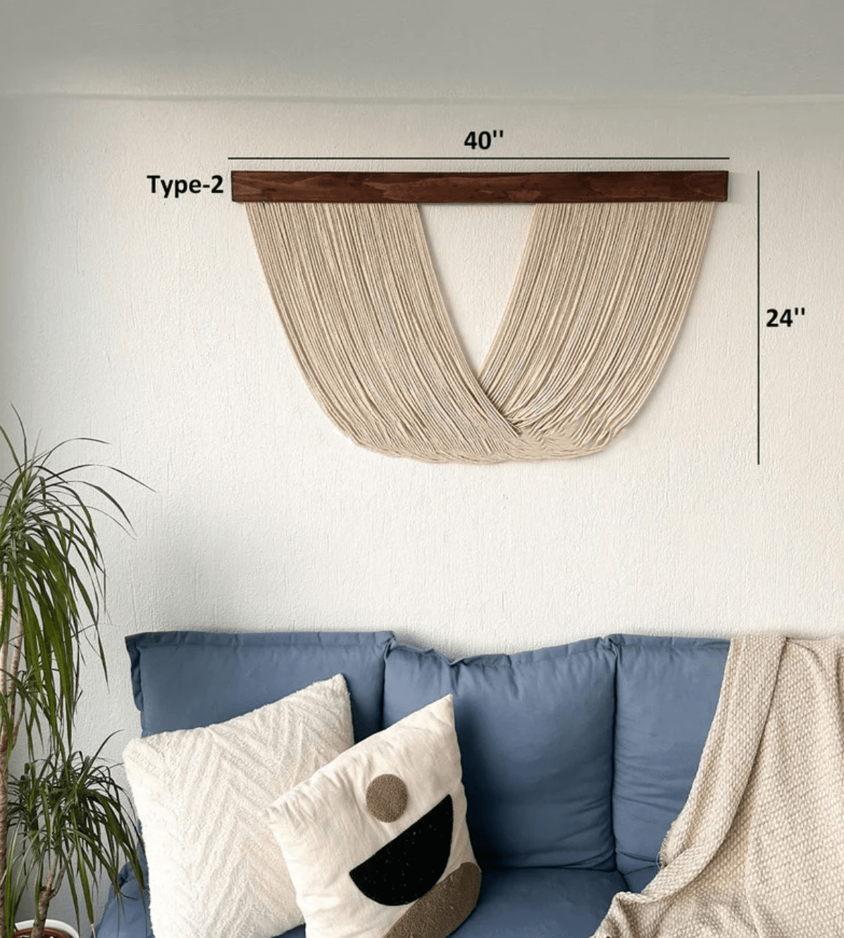 Handmade Boho Macrame Wall Hanging – Large, 40" x 24", Ecru-White Cotton with Wooden Branch