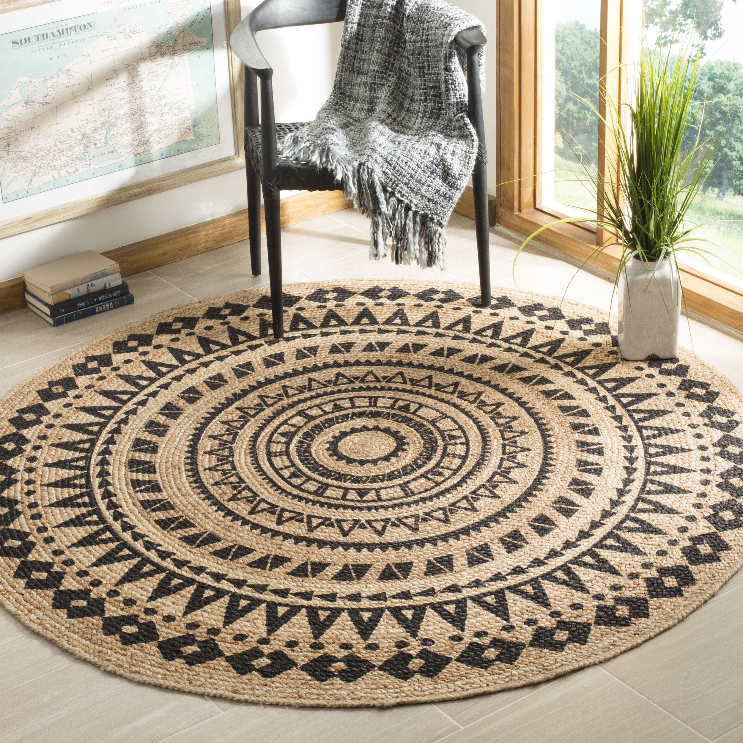 Handmade Boho Mandala Braided Jute Rug – Round, Natural Fiber, Black & Natural, Available in 3', 4', 6', and 8' Sizes, Ideal for High Traffic Areas