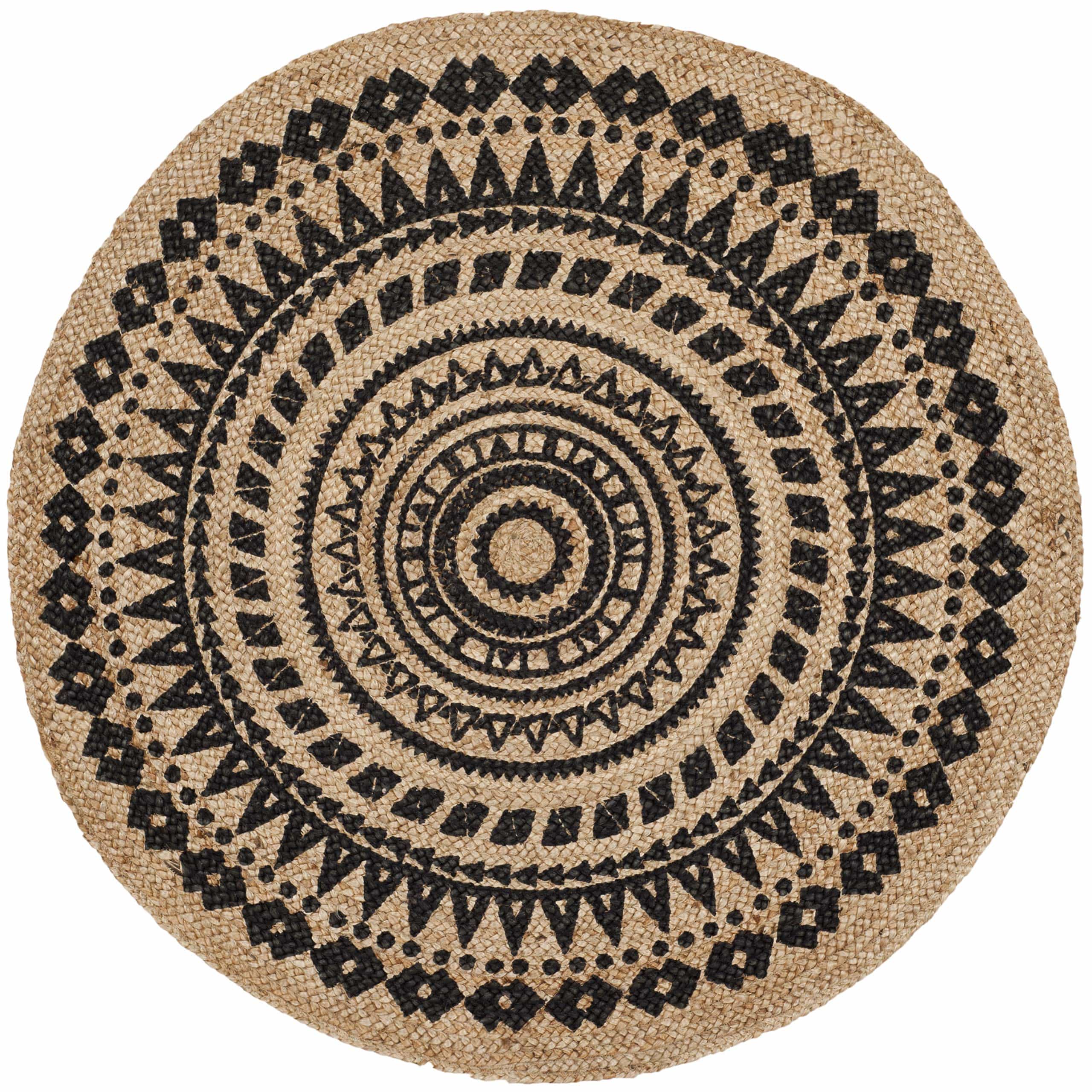 Handmade Boho Mandala Braided Jute Rug – Round, Natural Fiber, Black & Natural, Available in 3', 4', 6', and 8' Sizes, Ideal for High Traffic Areas