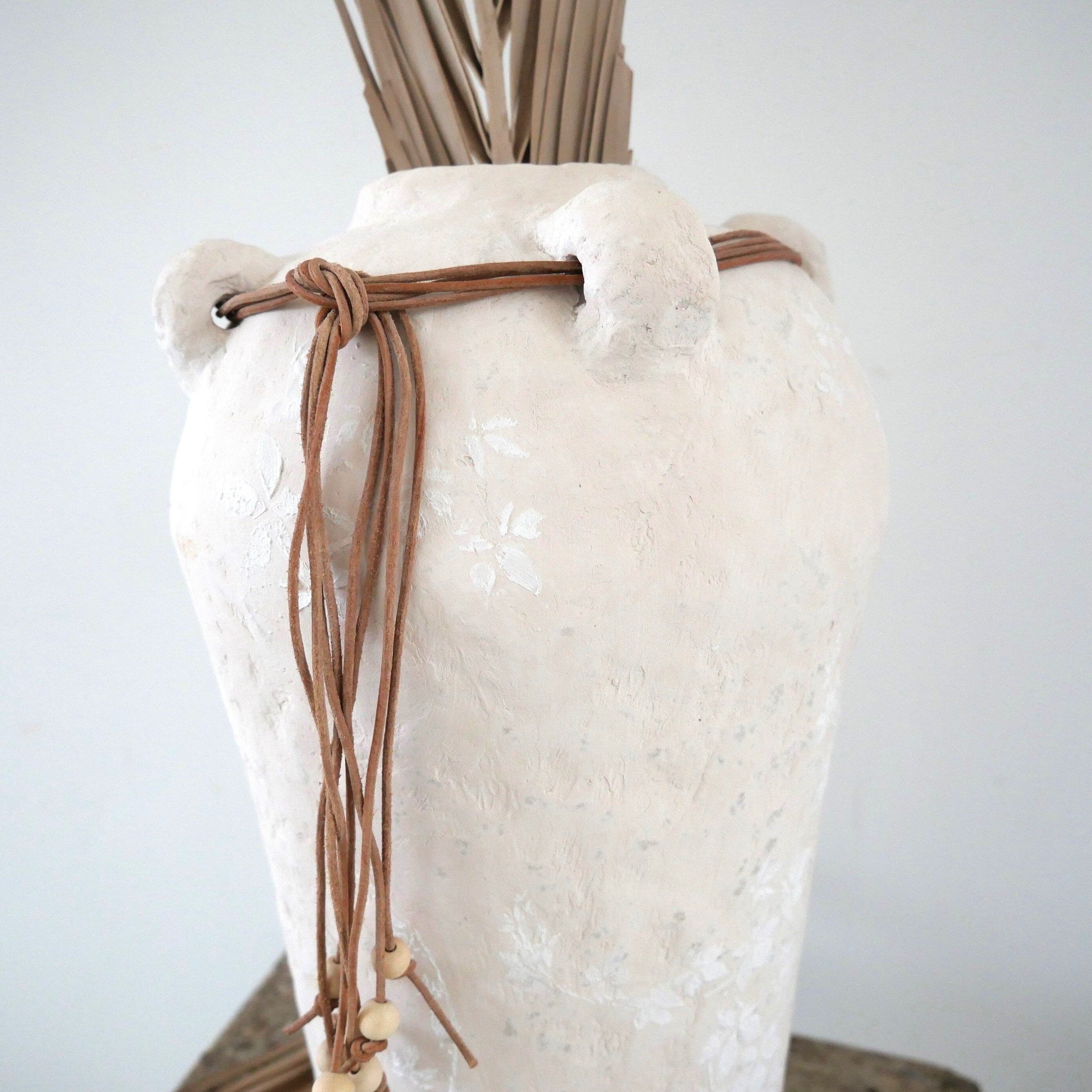 Handmade Boho Paper Clay Jug with Floral Motifs – Ibiza Style Off white Decorative Vase