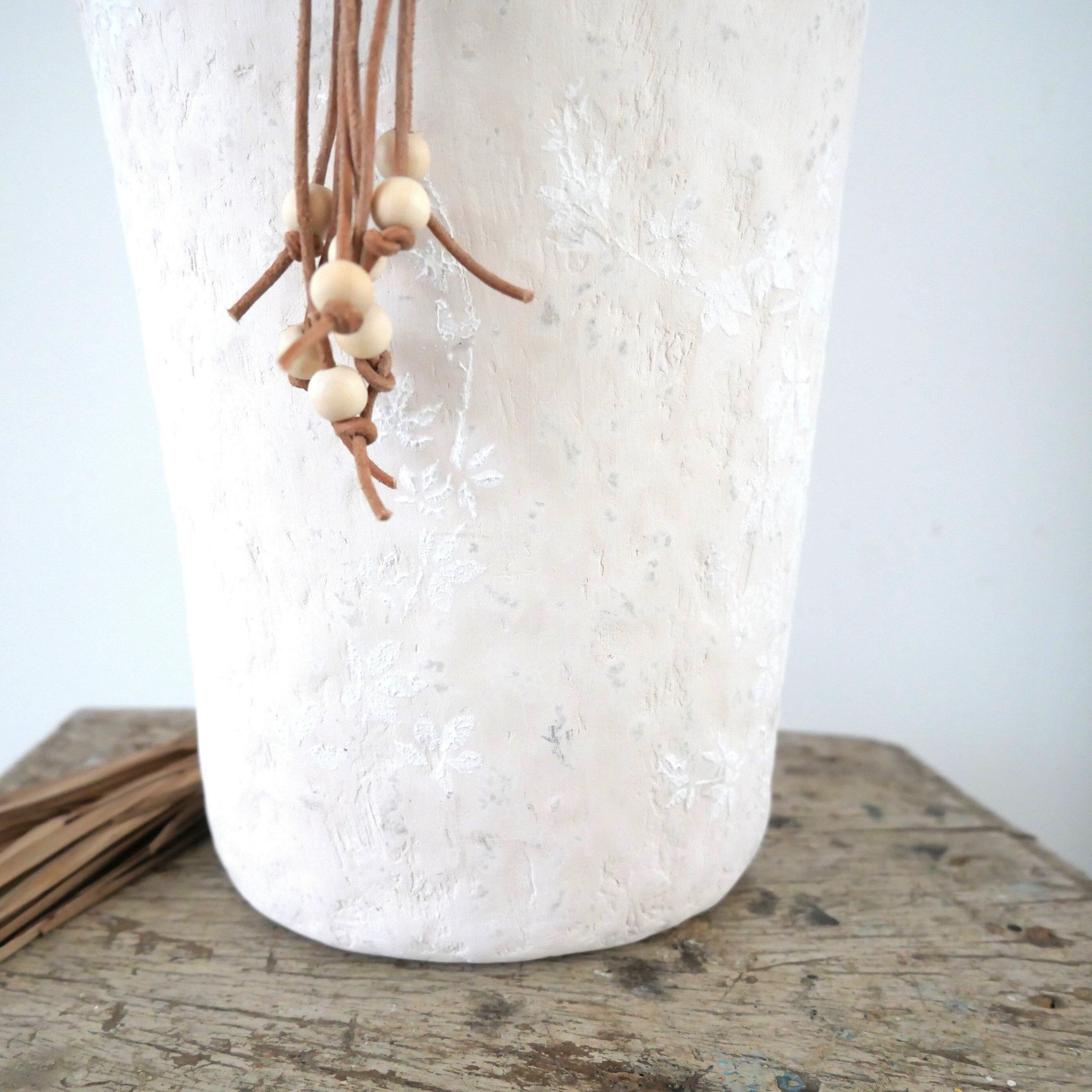 Handmade Boho Paper Clay Jug with Floral Motifs – Ibiza Style Off white Decorative Vase