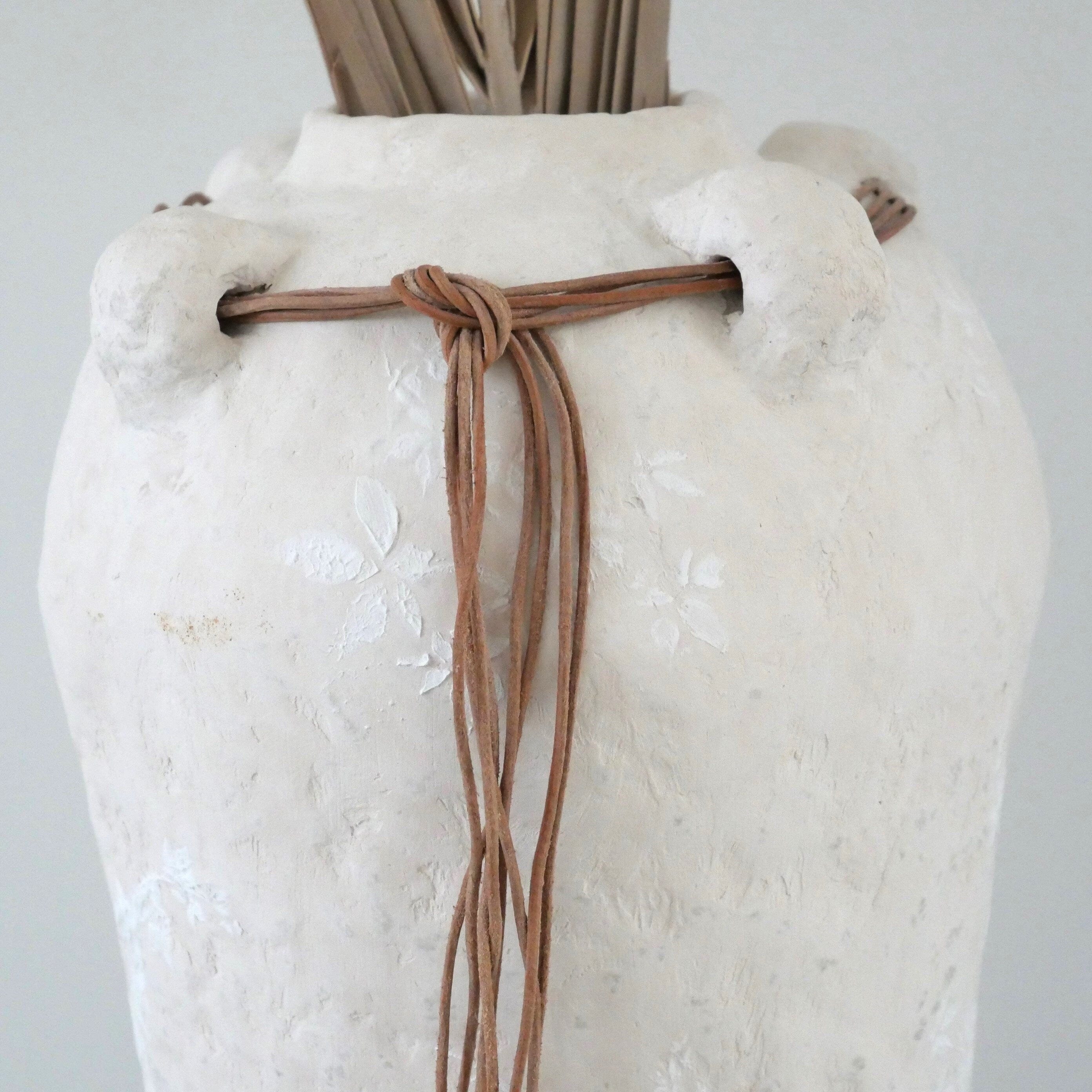 Handmade Boho Paper Clay Jug with Floral Motifs – Ibiza Style Off white Decorative Vase