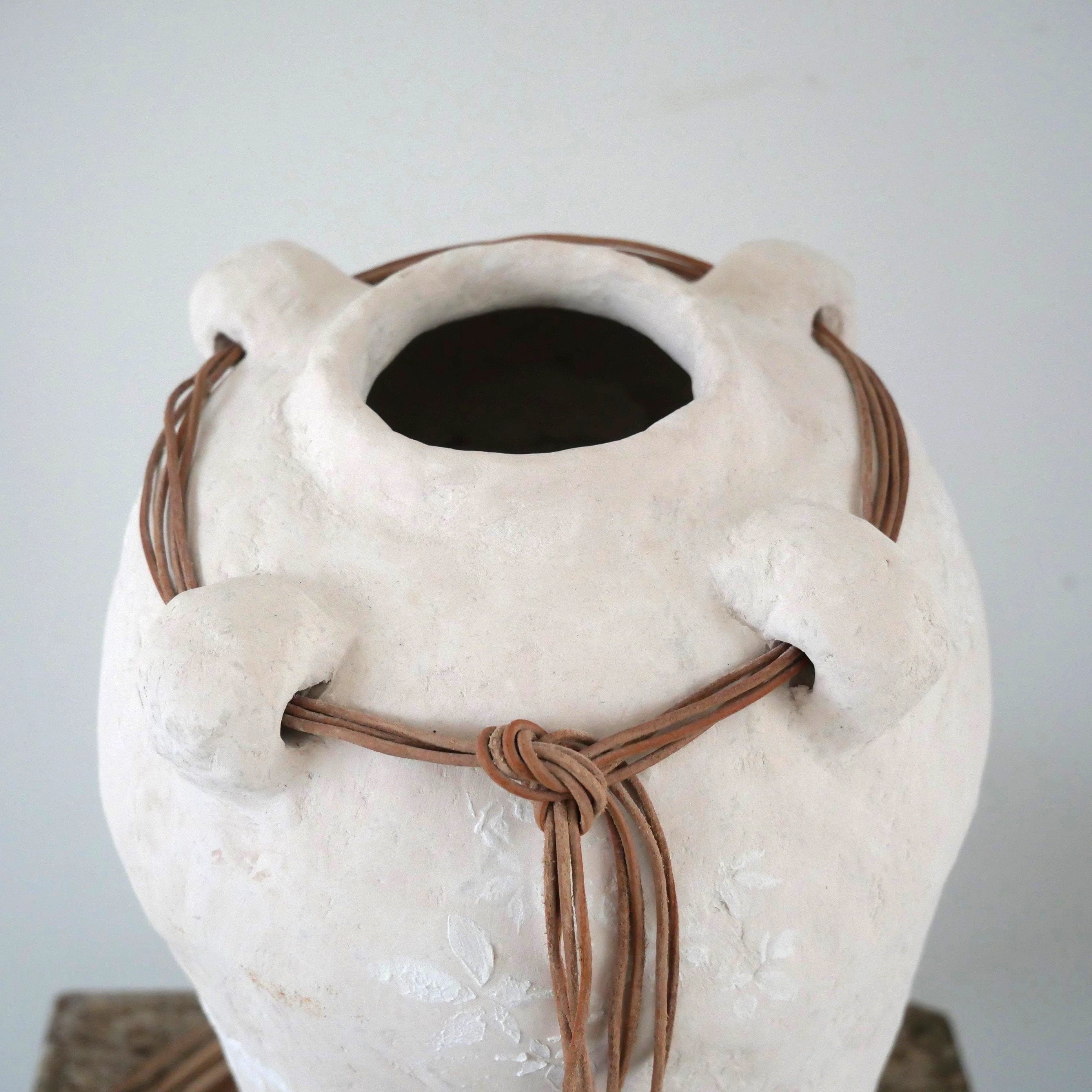 Handmade Boho Paper Clay Jug with Floral Motifs – Ibiza Style Off white Decorative Vase