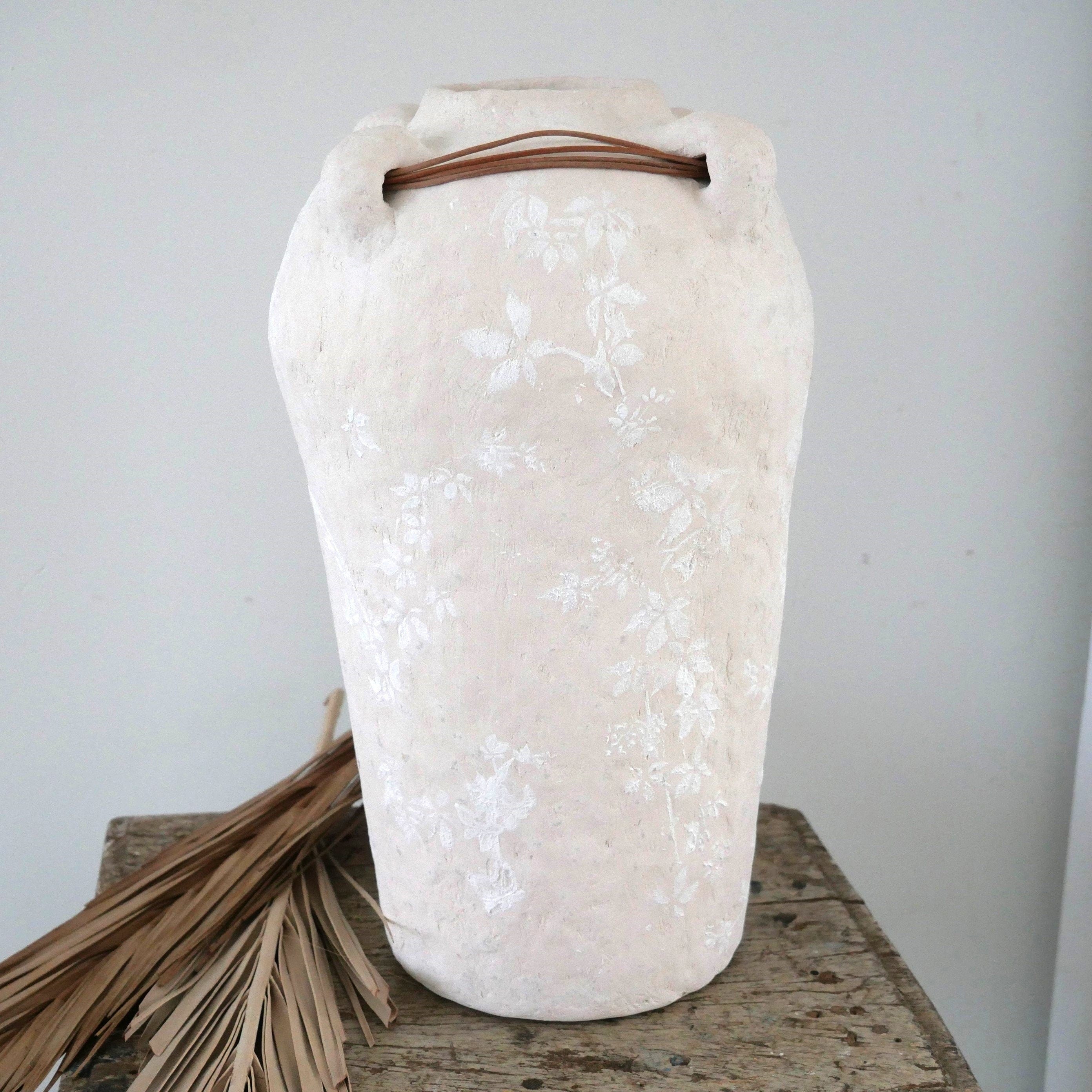 Handmade Boho Paper Clay Jug with Floral Motifs – Ibiza Style Off white Decorative Vase