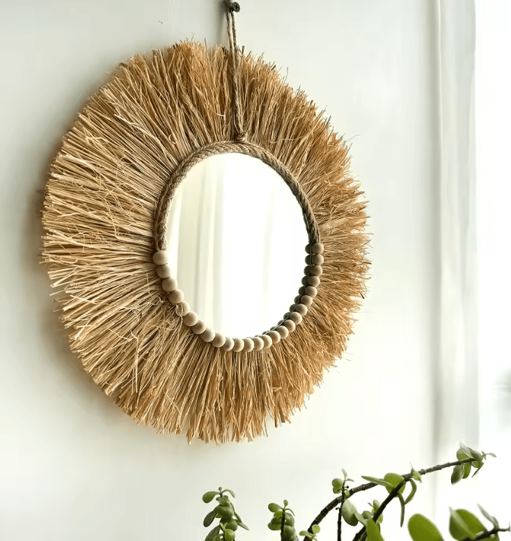 Handmade Boho Raffia Mirror Wall Hanging Decor – Rustic Boho Circle Acrylic Mirror with Wooden Beads