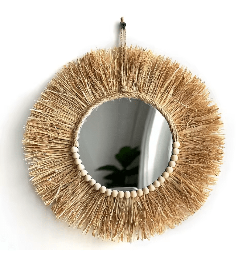 Handmade Boho Raffia Mirror Wall Hanging Decor – Rustic Boho Circle Acrylic Mirror with Wooden Beads