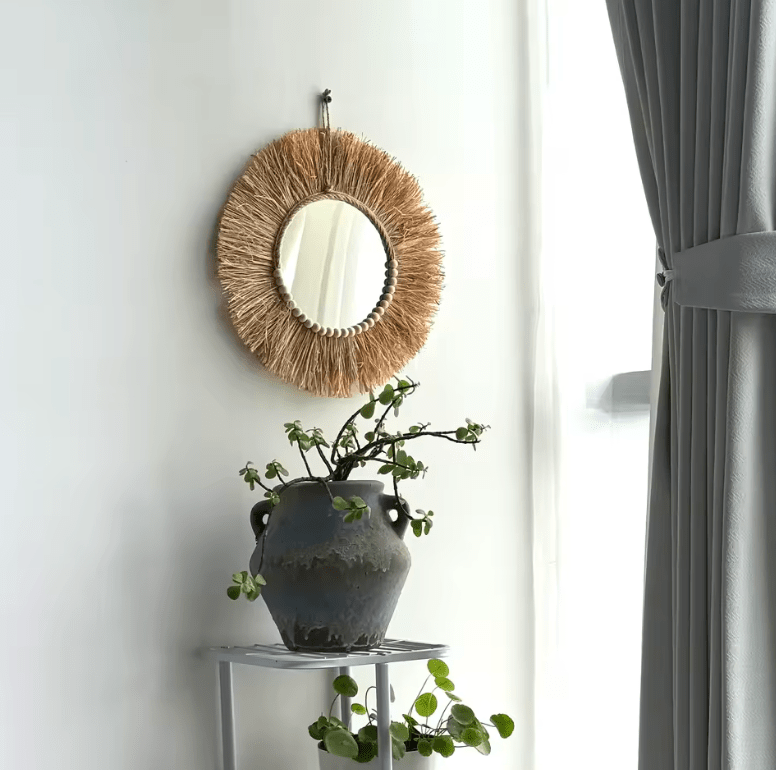 Handmade Boho Raffia Mirror Wall Hanging Decor – Rustic Boho Circle Acrylic Mirror with Wooden Beads