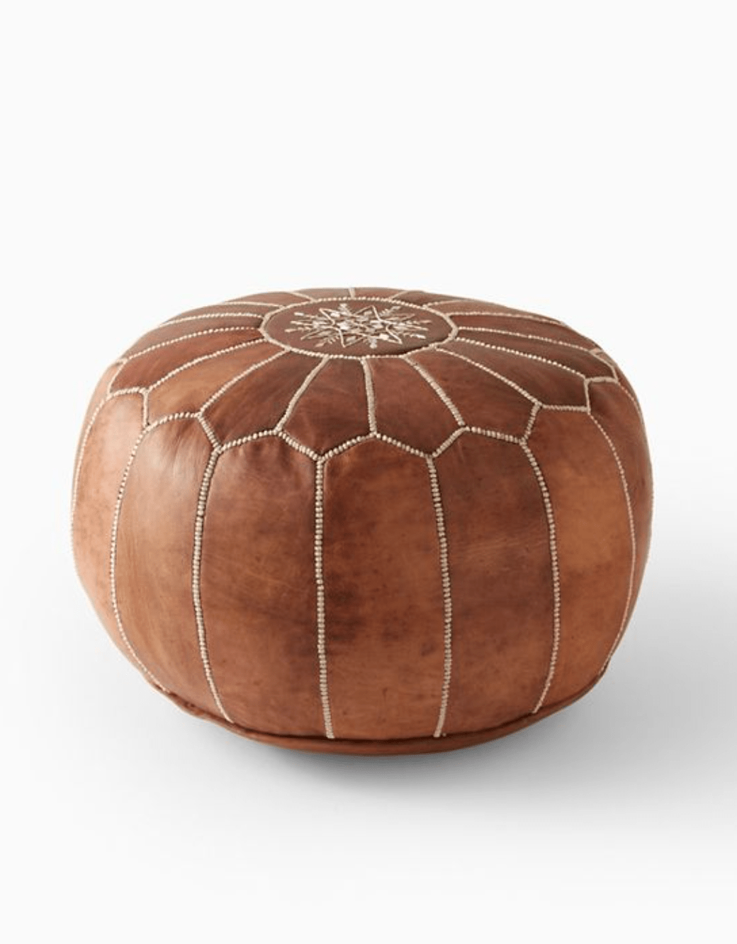 Handmade Boho Tan Leather Ottoman Pouf - 100% Authentic Goatskin Leather with Exquisite Embroidery - Unstuffed