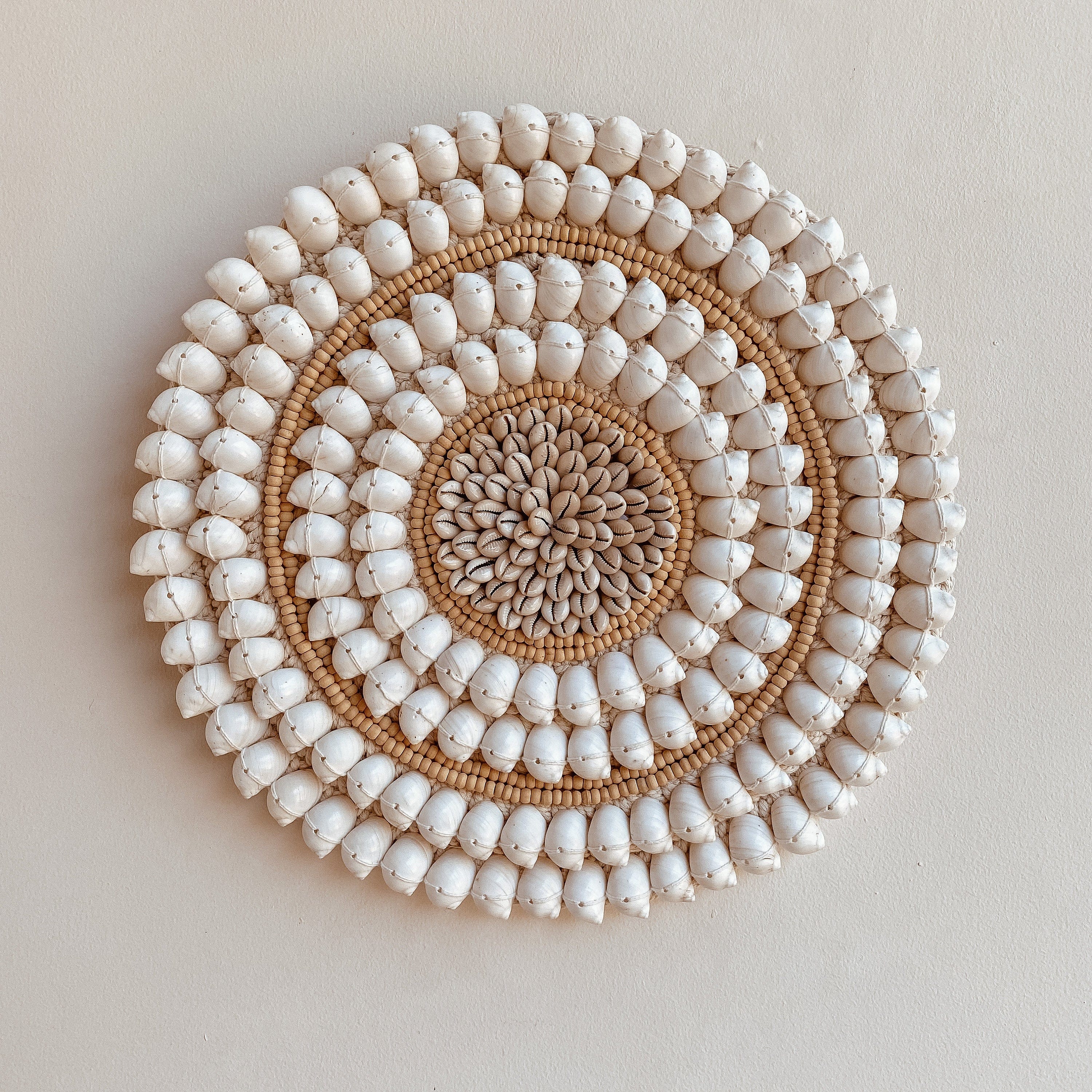 Handmade Boho Wood Beads and Shells Wall Hanging - Unique Wall Decoration 40 cm