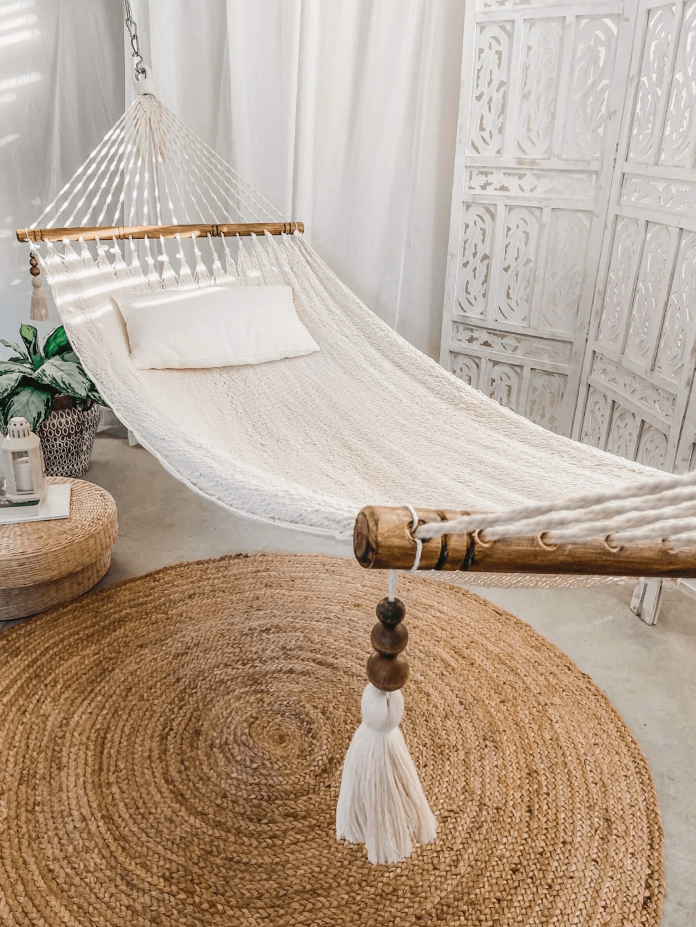 Handmade Cotton Hammock with Wood Spreader Bars and Tassels, Indoor/Outdoor Relaxation and Decor, Off-White, 100% Natural Cotton