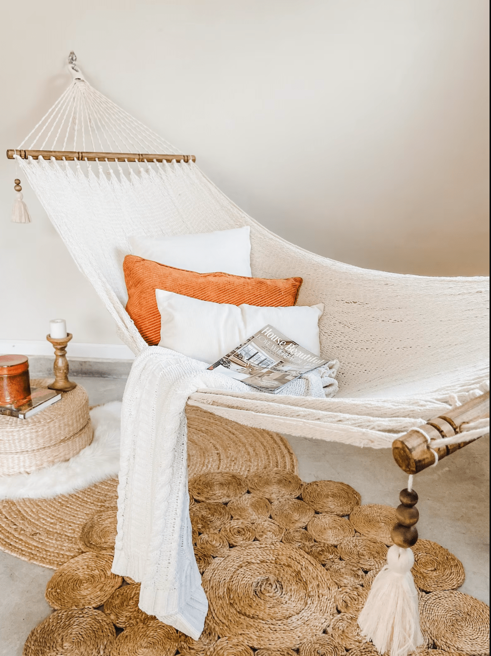 Handmade Cotton Hammock with Wood Spreader Bars and Tassels, Indoor/Outdoor Relaxation and Decor, Off-White, 100% Natural Cotton