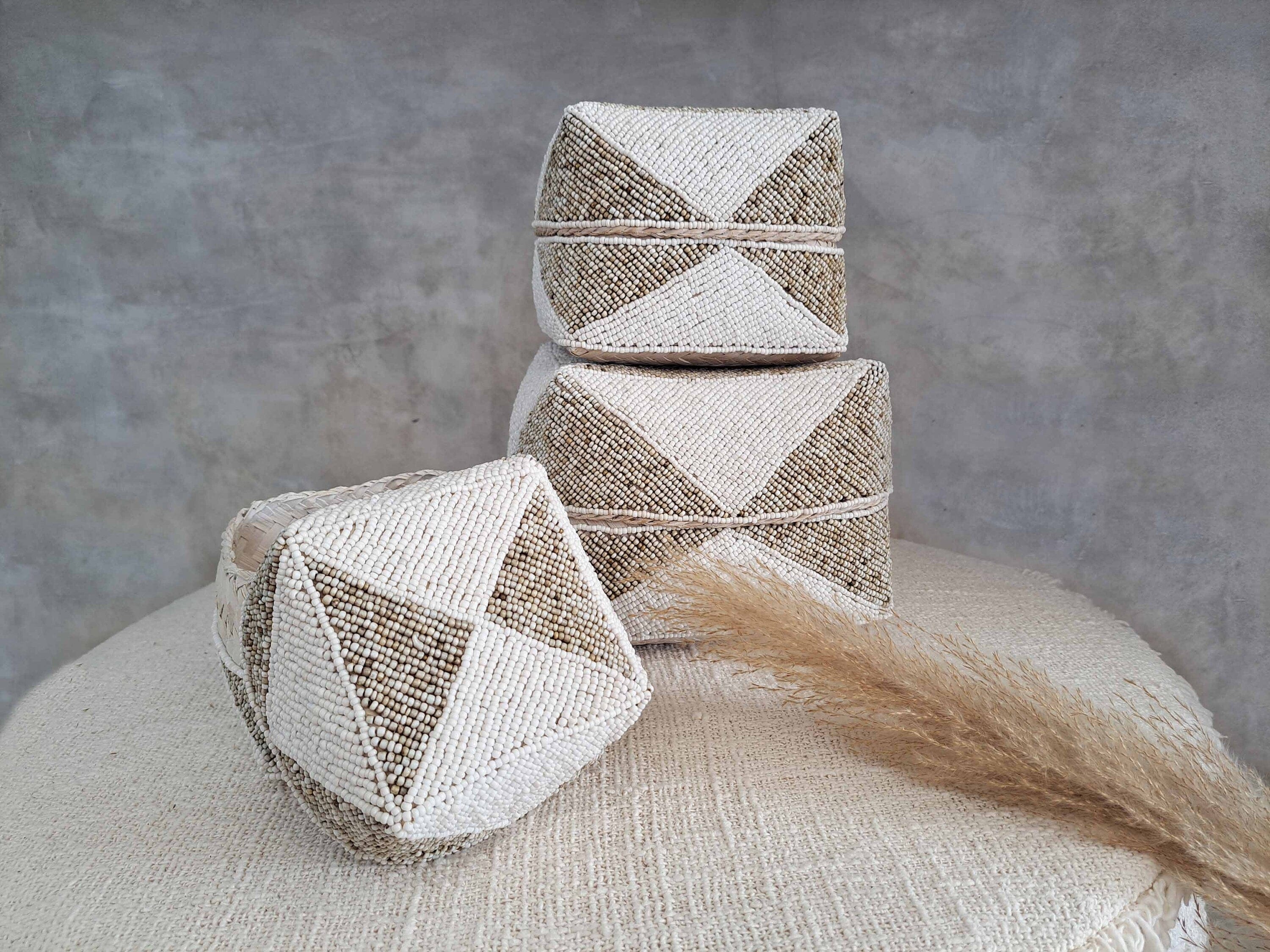 Handmade Decorative Beaded Box Set of 3 | Bamboo Beaded Baskets | Boho Coastal Nursery Storage, Jewelry, Gift box