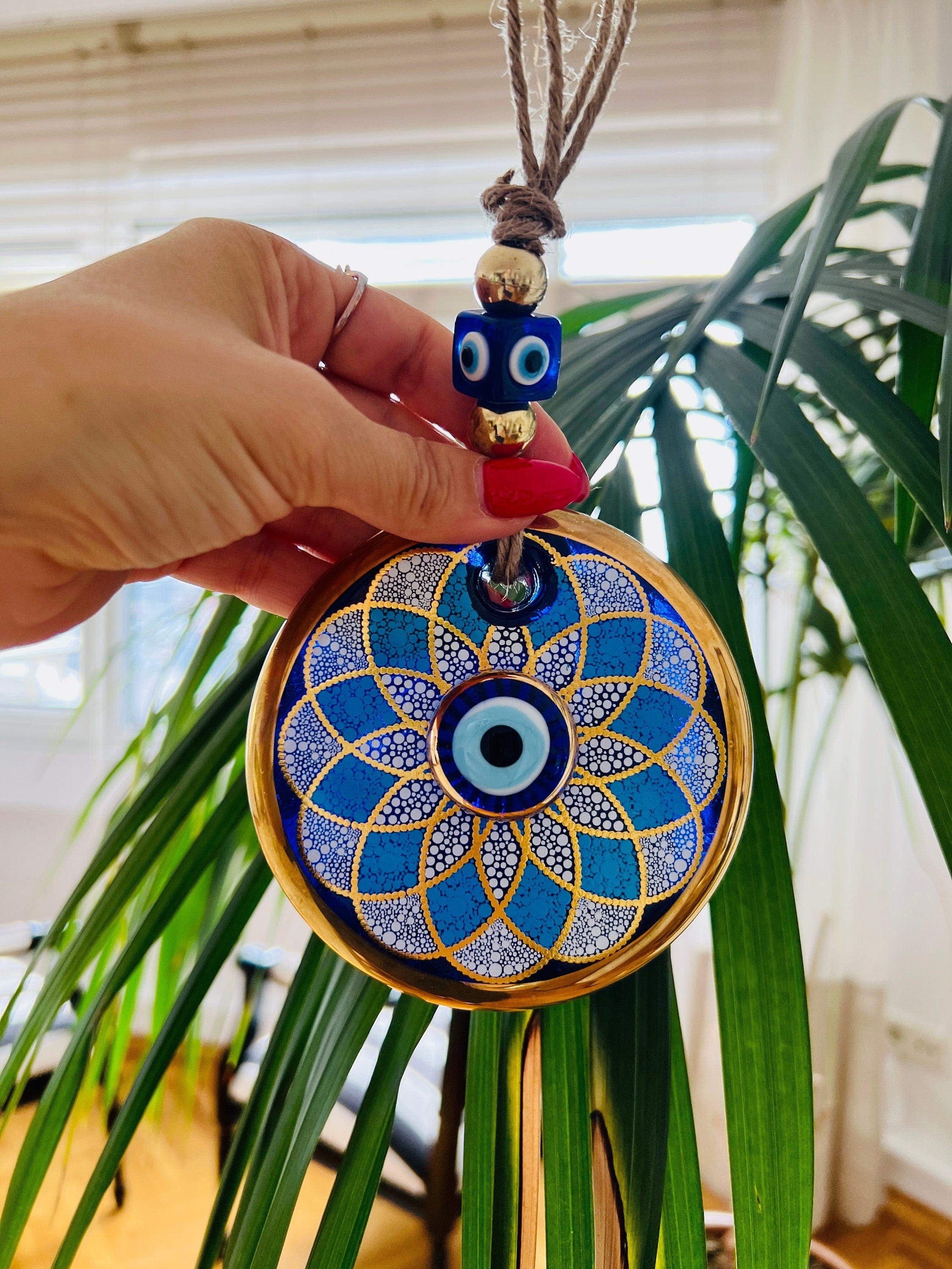 Handmade Glass Evil Eye Wall Hanging, Evil Eye Home Decor, 11 cm Gold Bead - Perfect Protection, Hamsa Home Decor