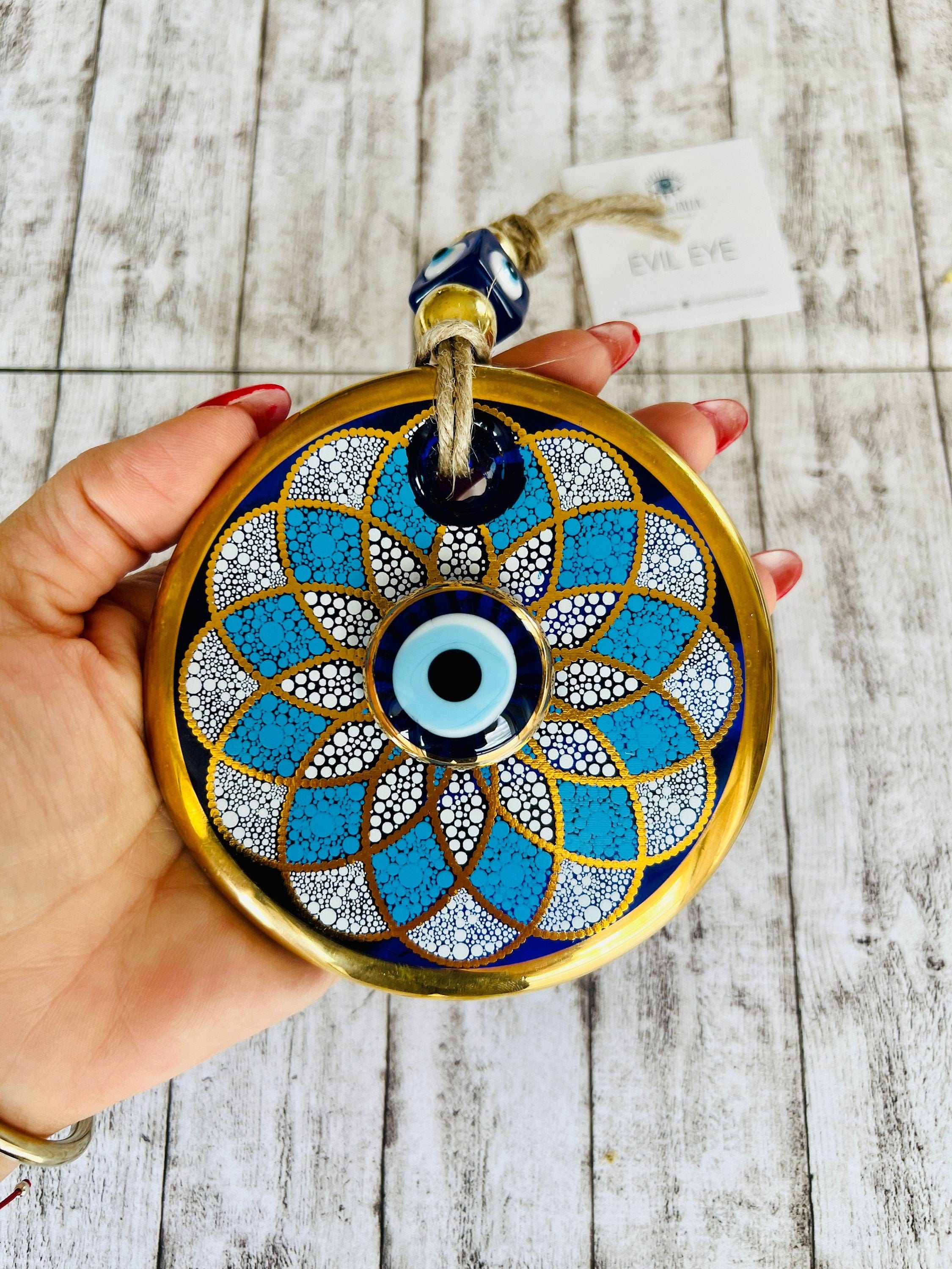 Handmade Glass Evil Eye Wall Hanging, Evil Eye Home Decor, 11 cm Gold Bead - Perfect Protection, Hamsa Home Decor