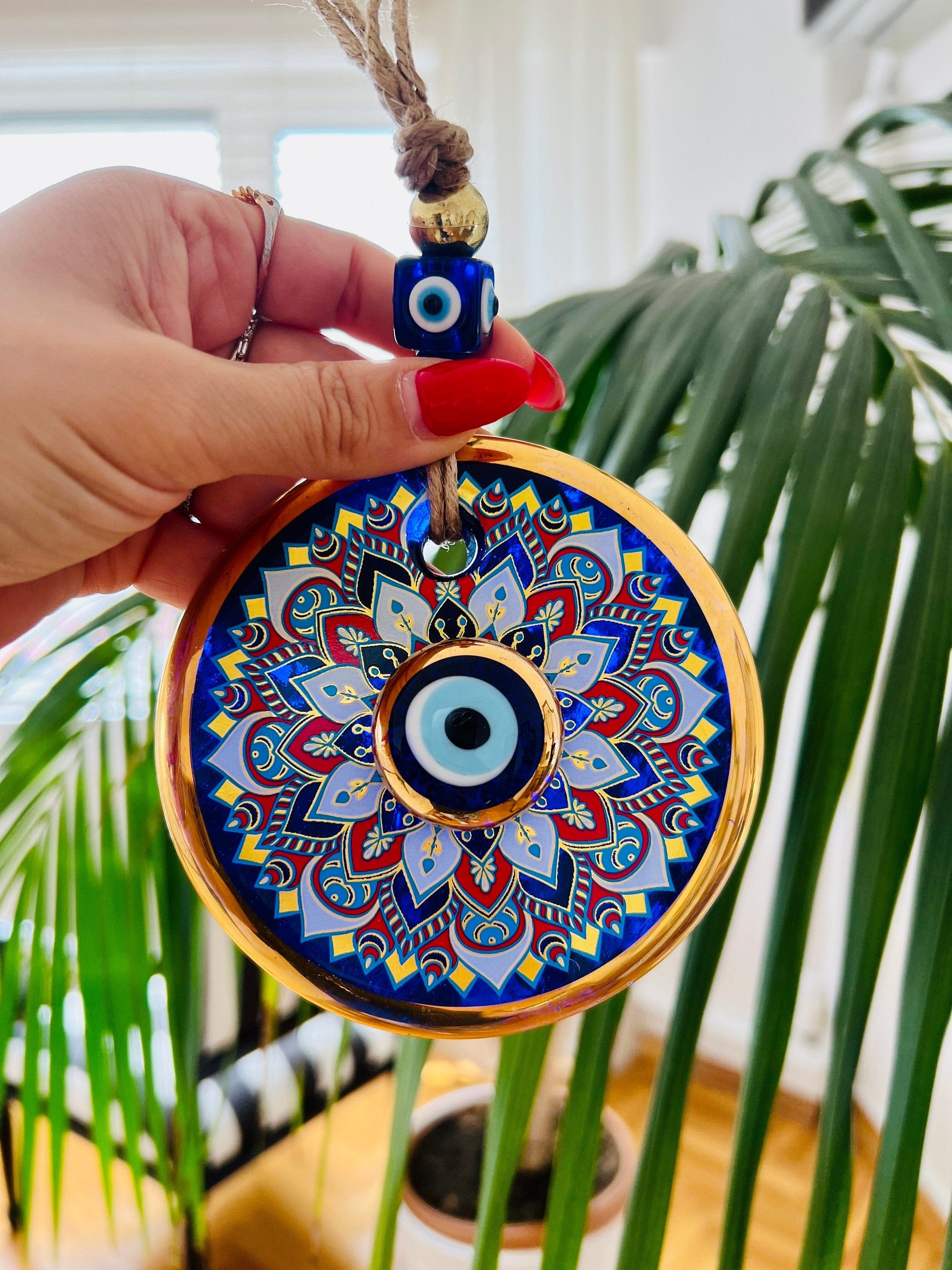 Handmade Glass Evil Eye Wall Hanging,  Evil Eye Home Decor, Gold Evil Eye Bead - Perfect House Protection