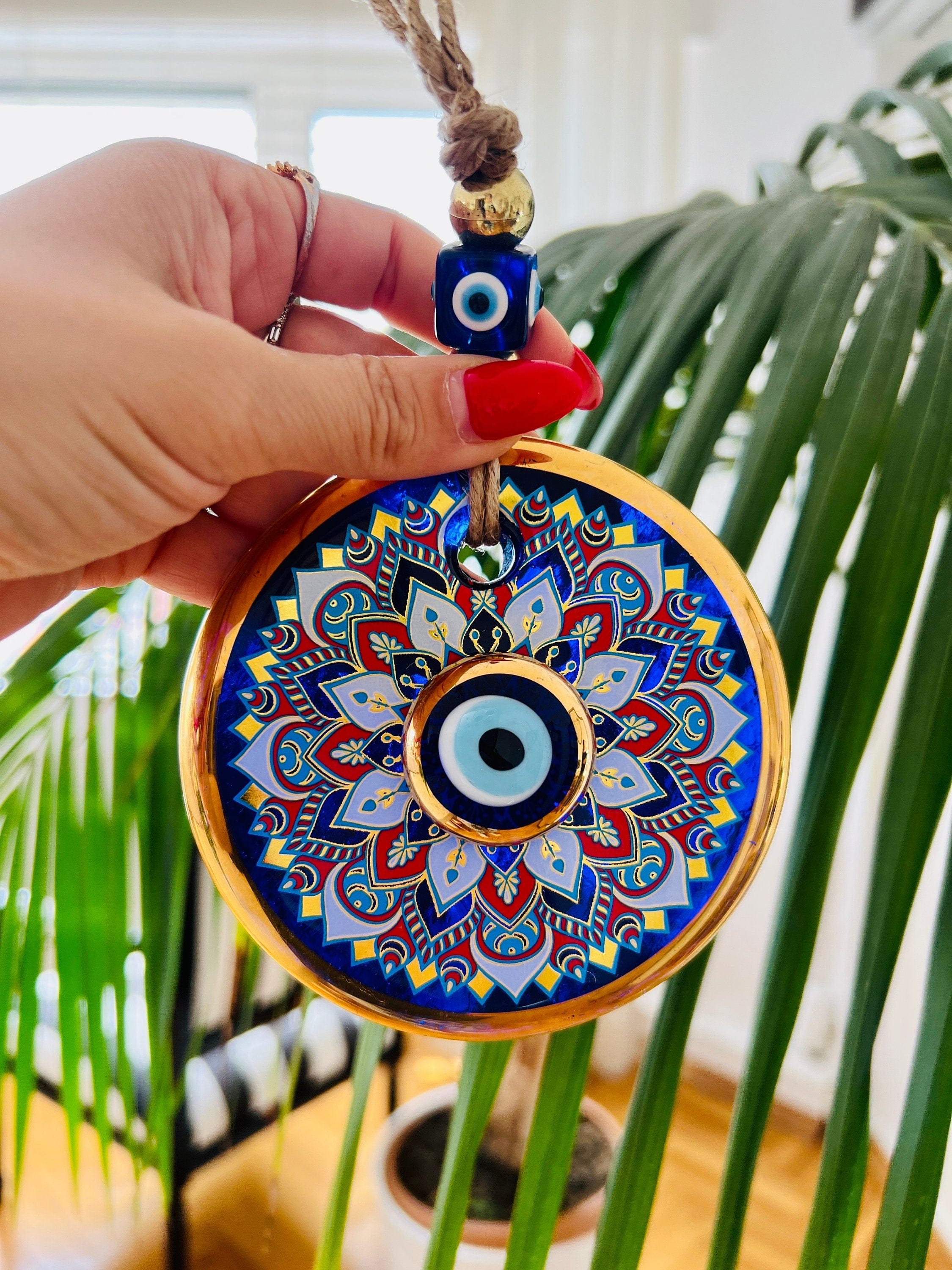 Handmade Glass Evil Eye Wall Hanging,  Evil Eye Home Decor, Gold Evil Eye Bead - Perfect House Protection