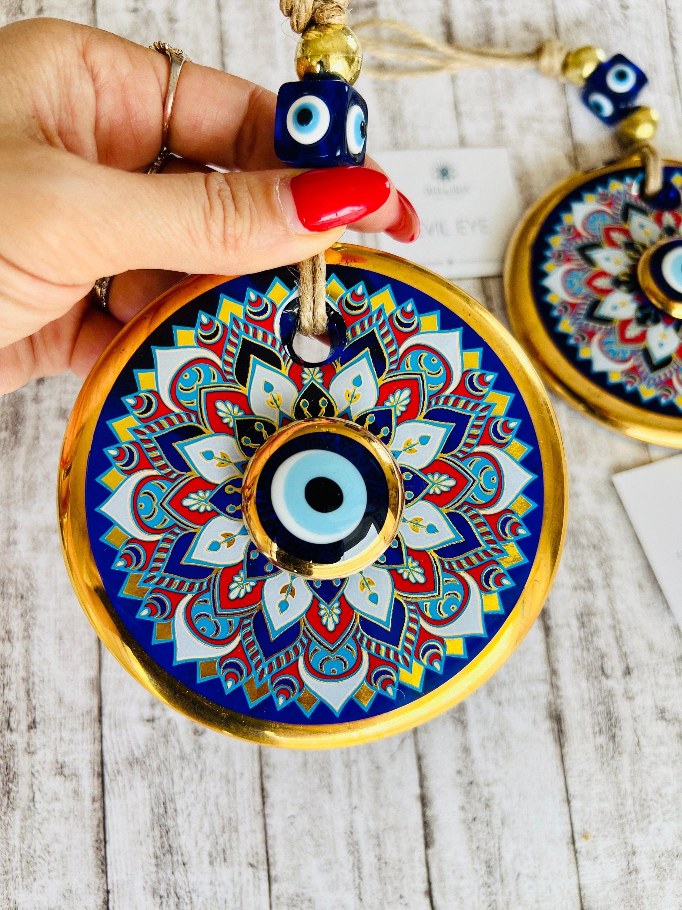 Handmade Glass Evil Eye Wall Hanging,  Evil Eye Home Decor, Gold Evil Eye Bead - Perfect House Protection