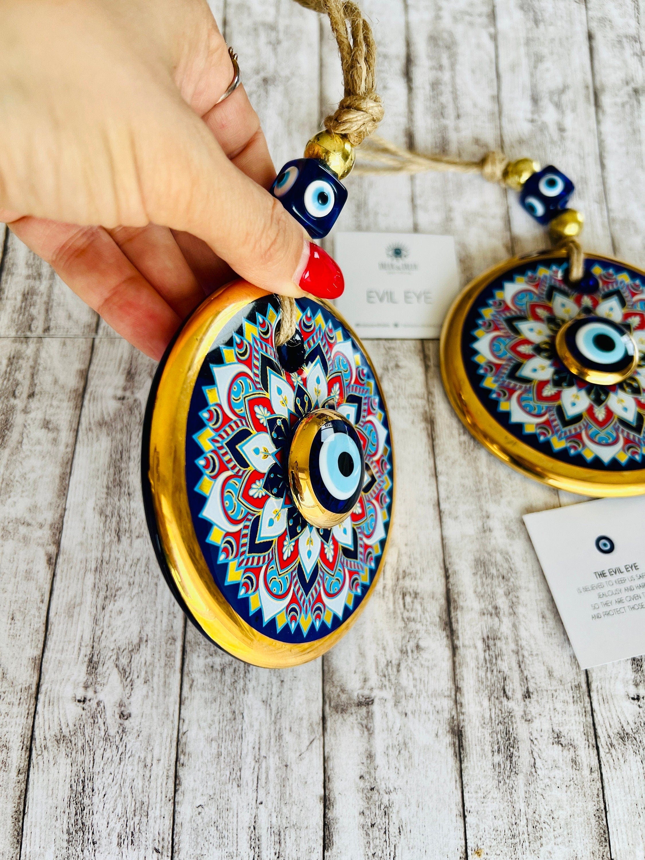 Handmade Glass Evil Eye Wall Hanging,  Evil Eye Home Decor, Gold Evil Eye Bead - Perfect House Protection