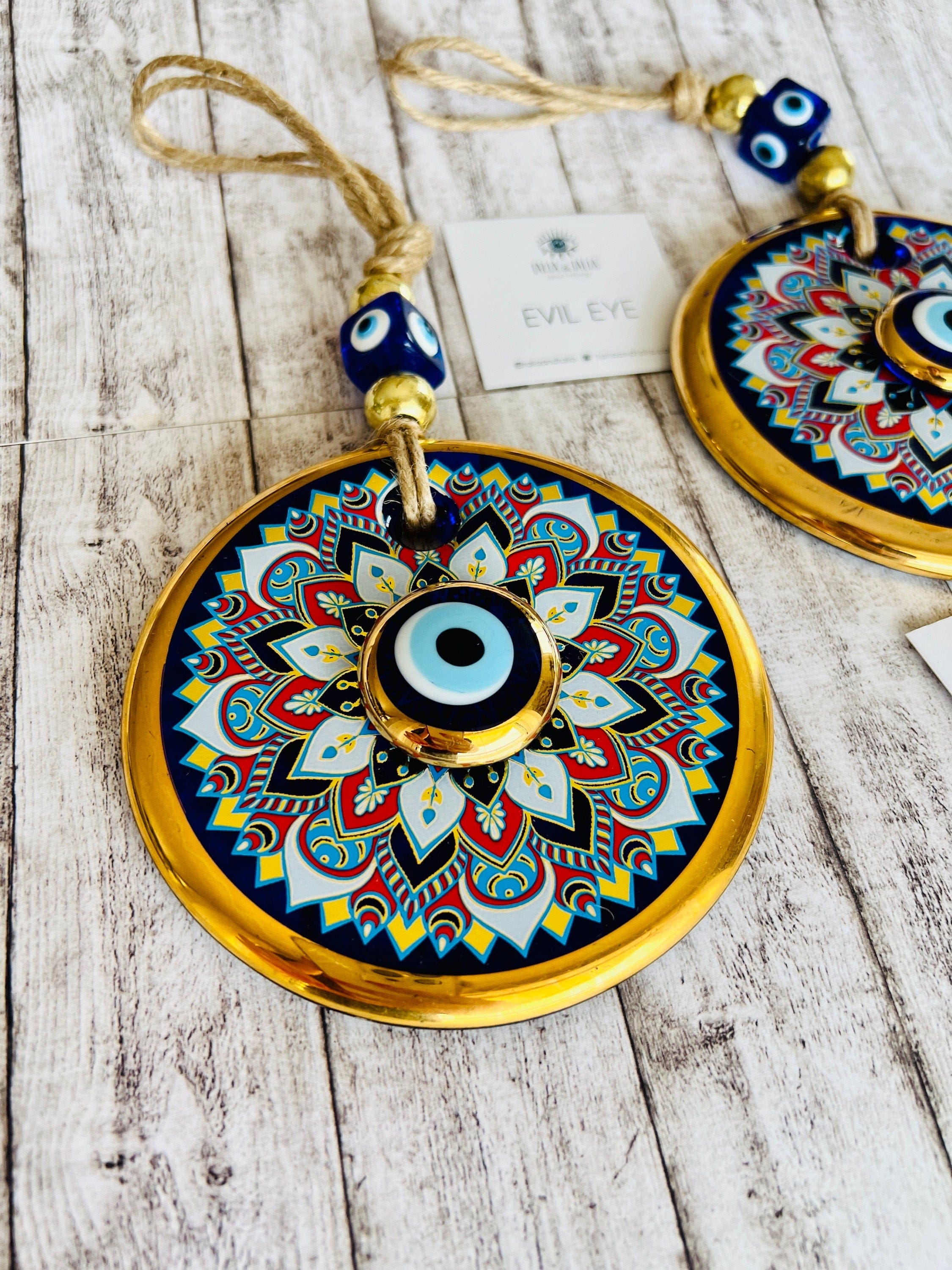 Handmade Glass Evil Eye Wall Hanging,  Evil Eye Home Decor, Gold Evil Eye Bead - Perfect House Protection