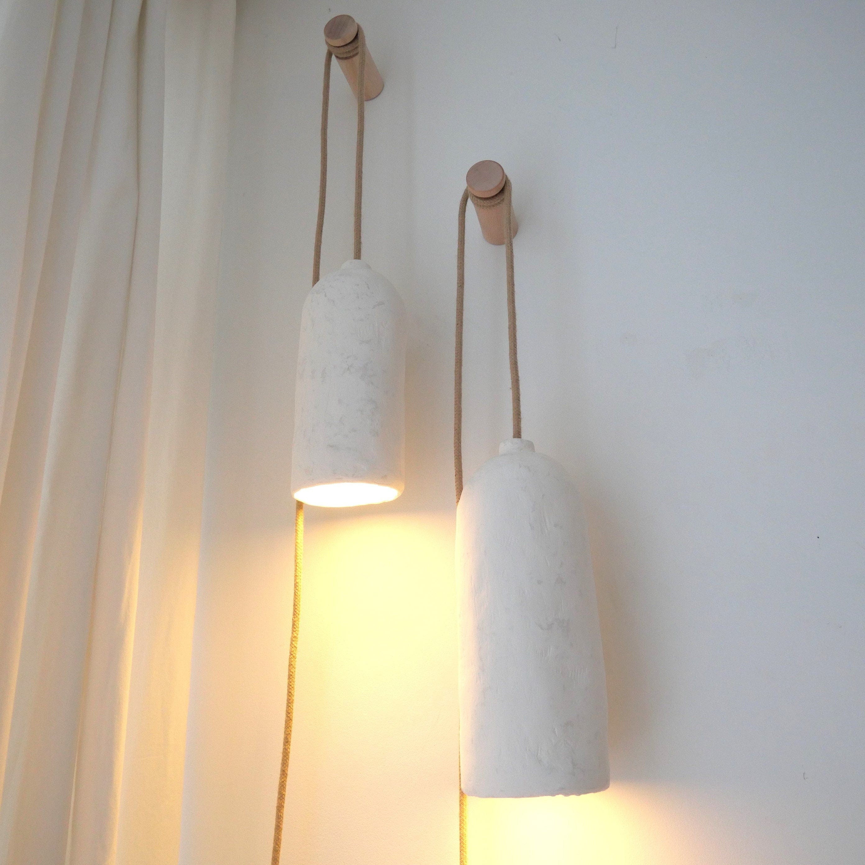 Handmade Japanese Style Minimalist Paper Mache Wall Lamp – Elegant White Plastered Design with Mounting Fixture