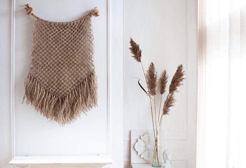 Handmade Jute Fringe Wall Hanging | Modern Natural Jute Fiber Art | Boho Home Decor Ornament | Macrame Wall Decor Brown