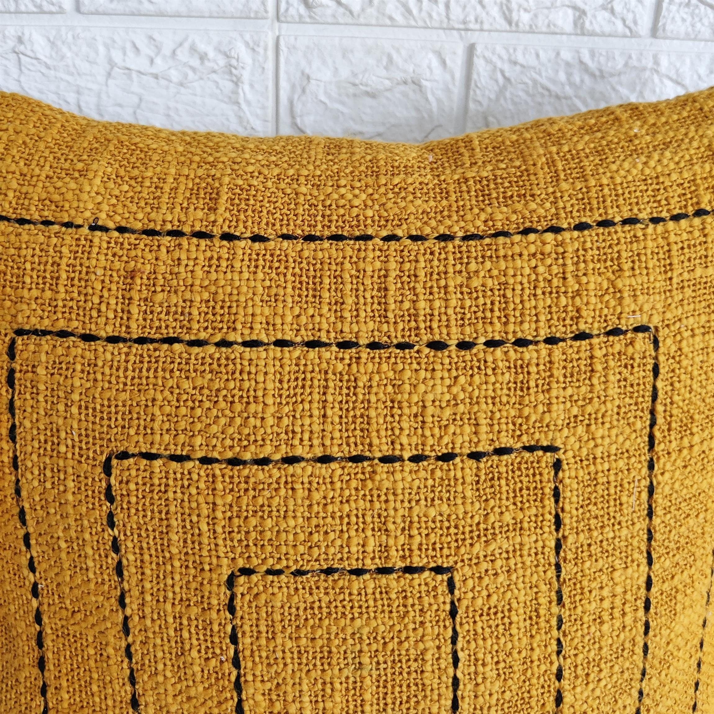 Handmade Kantha Mustard Yellow Cushion Cover, 18x18 Inch, 100% Cotton Boho Decorative Pillow Case, Textured and Handcrafted by Indian Artisans