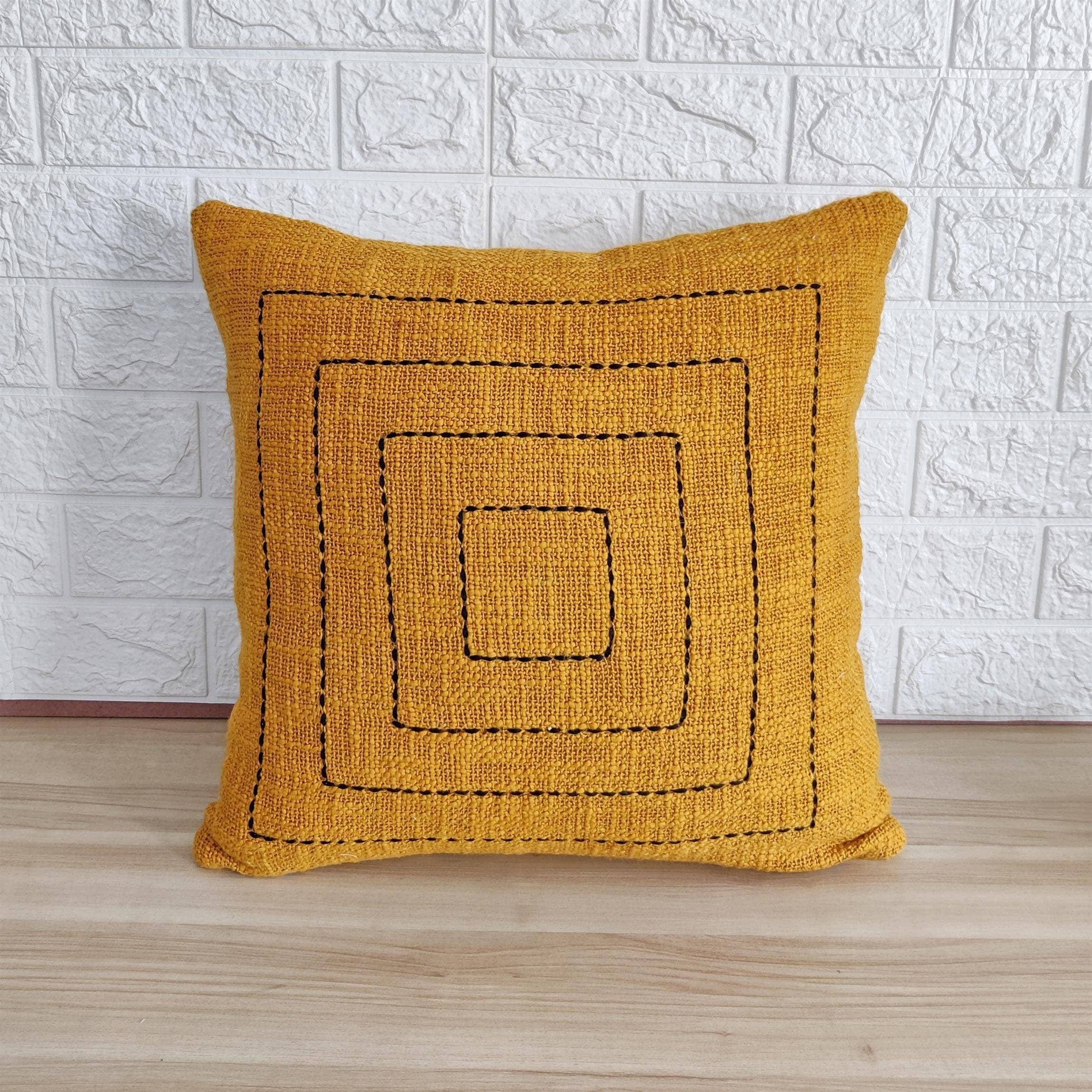 Handmade Kantha Mustard Yellow Cushion Cover, 18x18 Inch, 100% Cotton Boho Decorative Pillow Case, Textured and Handcrafted by Indian Artisans