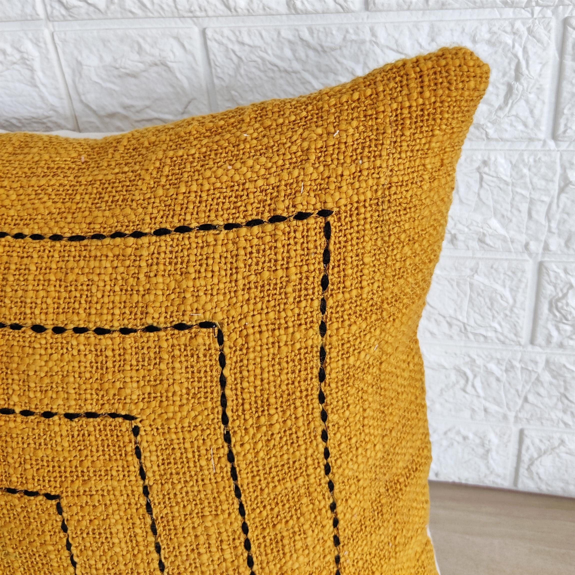 Handmade Kantha Mustard Yellow Cushion Cover, 18x18 Inch, 100% Cotton Boho Decorative Pillow Case, Textured and Handcrafted by Indian Artisans