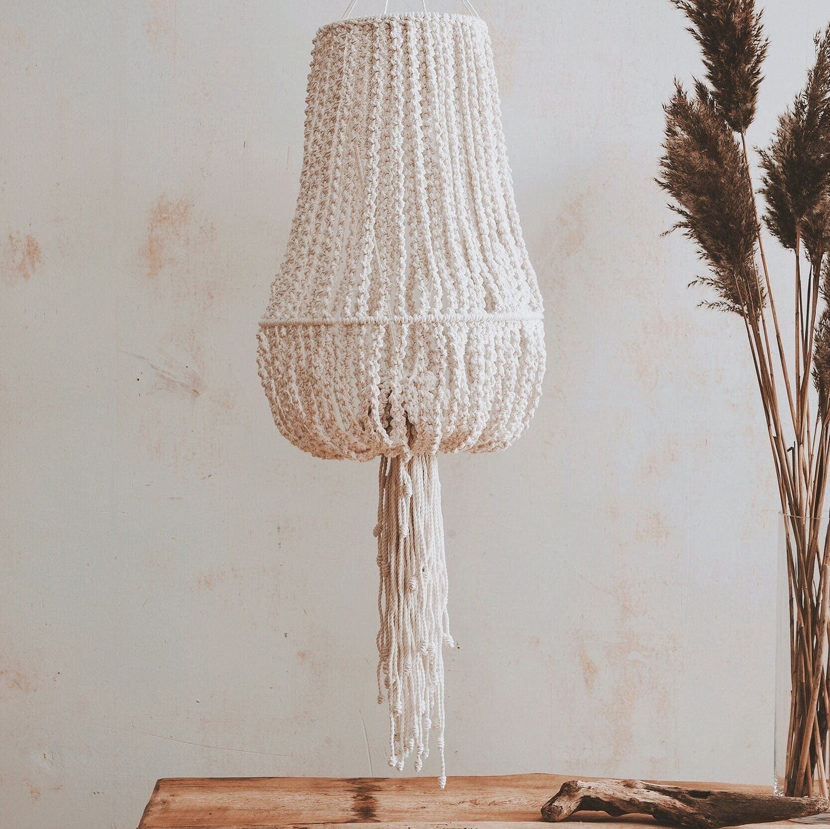 Handmade Macrame Hanging Lampshade | Boho Chandelier | Wabi Sabi Style Cotton Pendant Light | Natural Beige Tassel Lamp Shade |