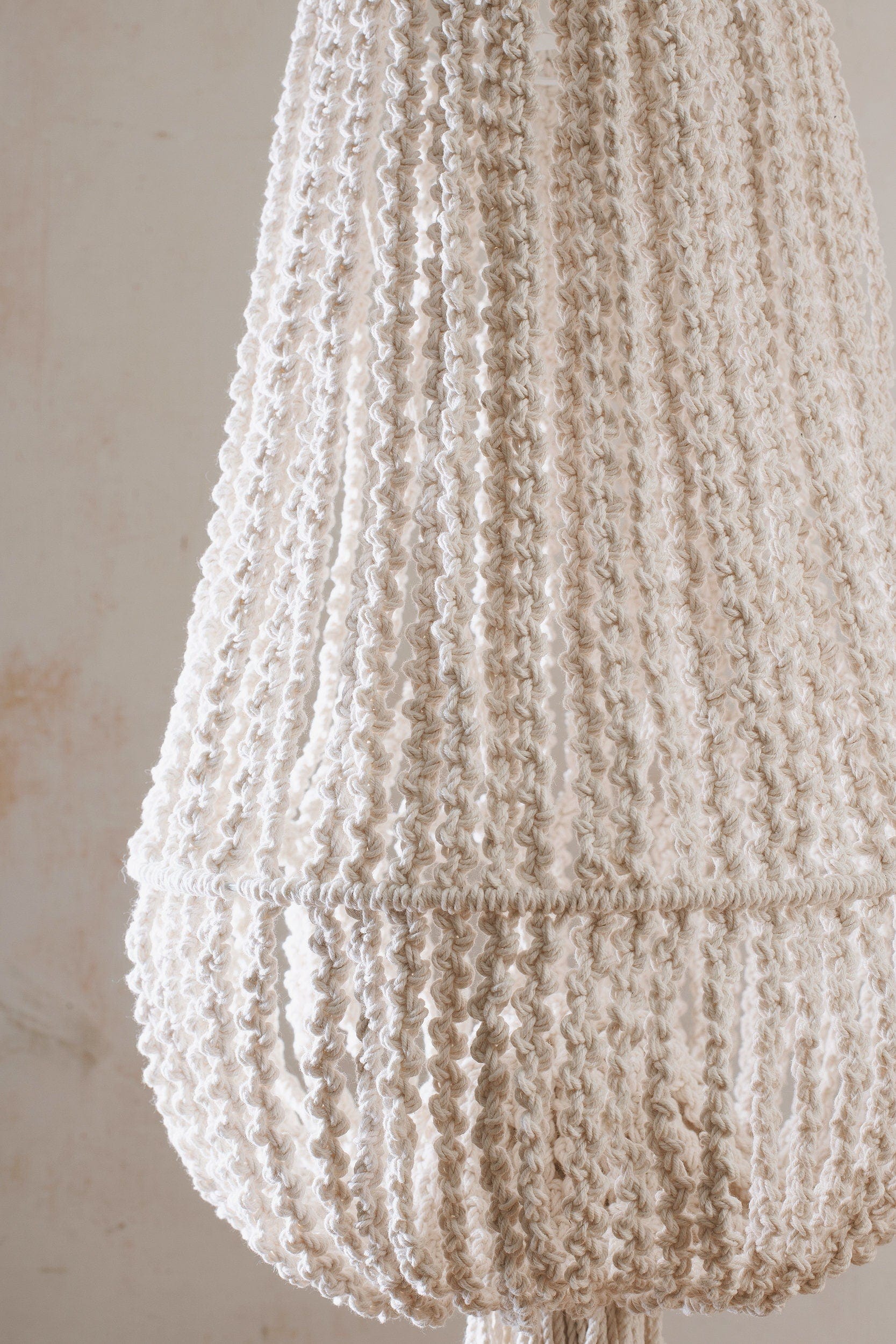 Handmade Macrame Hanging Lampshade | Boho Chandelier | Wabi Sabi Style Cotton Pendant Light | Natural Beige Tassel Lamp Shade |