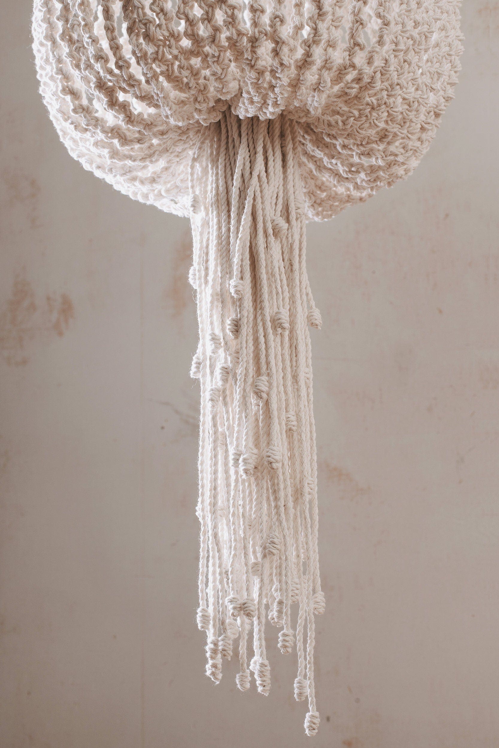 Handmade Macrame Hanging Lampshade | Boho Chandelier | Wabi Sabi Style Cotton Pendant Light | Natural Beige Tassel Lamp Shade |