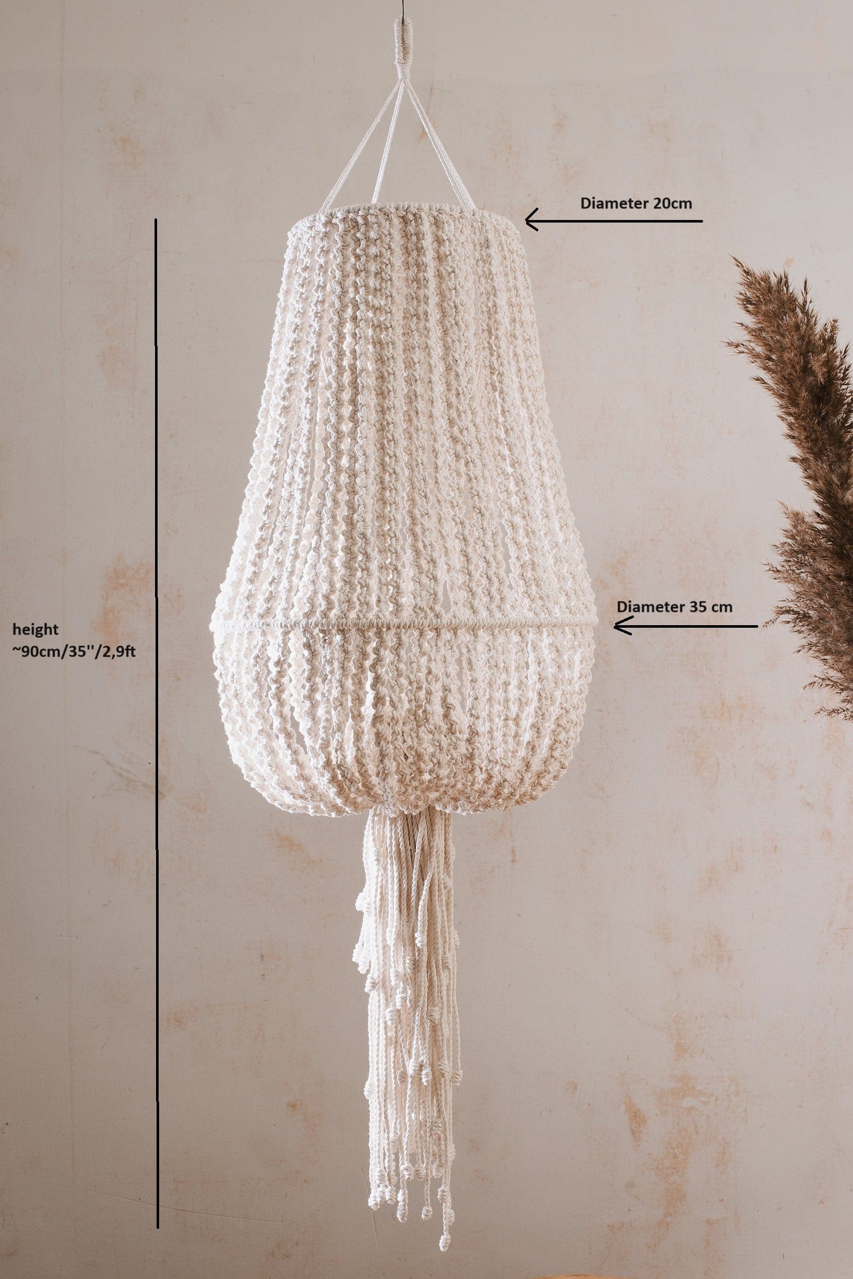 Handmade Macrame Hanging Lampshade | Boho Chandelier | Wabi Sabi Style Cotton Pendant Light | Natural Beige Tassel Lamp Shade |