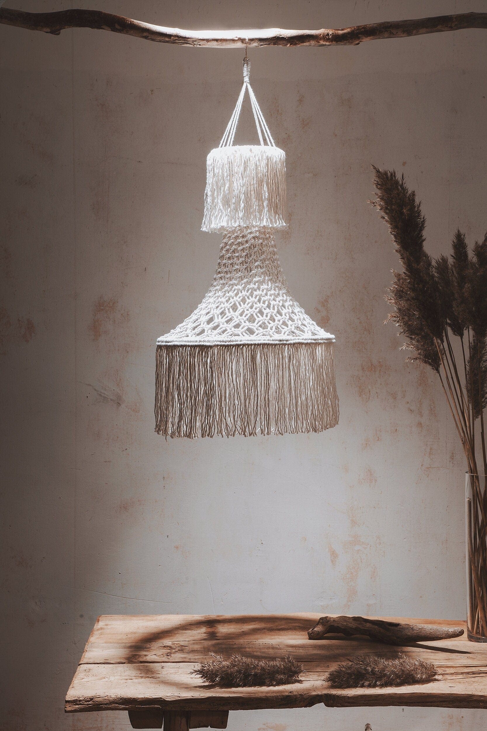 Handmade Macrame Lampshade – Boho Fringed Chandelier, Cotton Rope Pendant Light, Tassel Lamp Shade