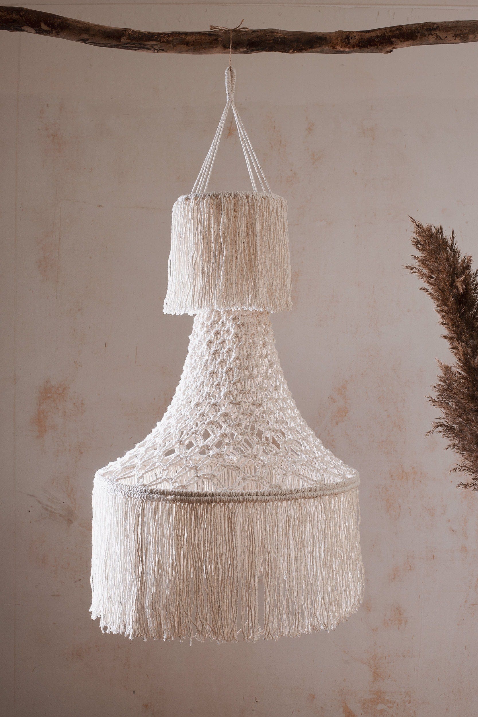 Handmade Macrame Lampshade – Boho Fringed Chandelier, Cotton Rope Pendant Light, Tassel Lamp Shade