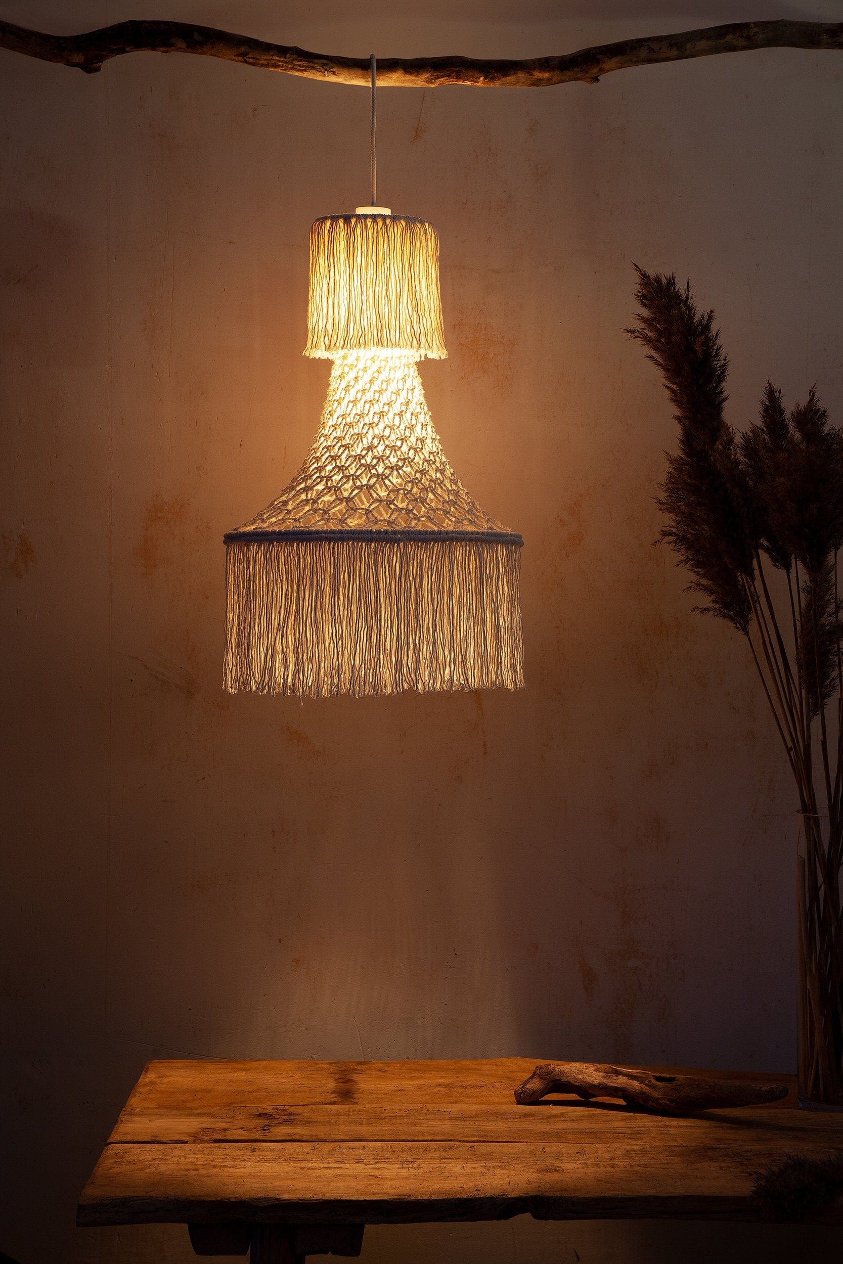 Handmade Macrame Lampshade – Boho Fringed Chandelier, Cotton Rope Pendant Light, Tassel Lamp Shade