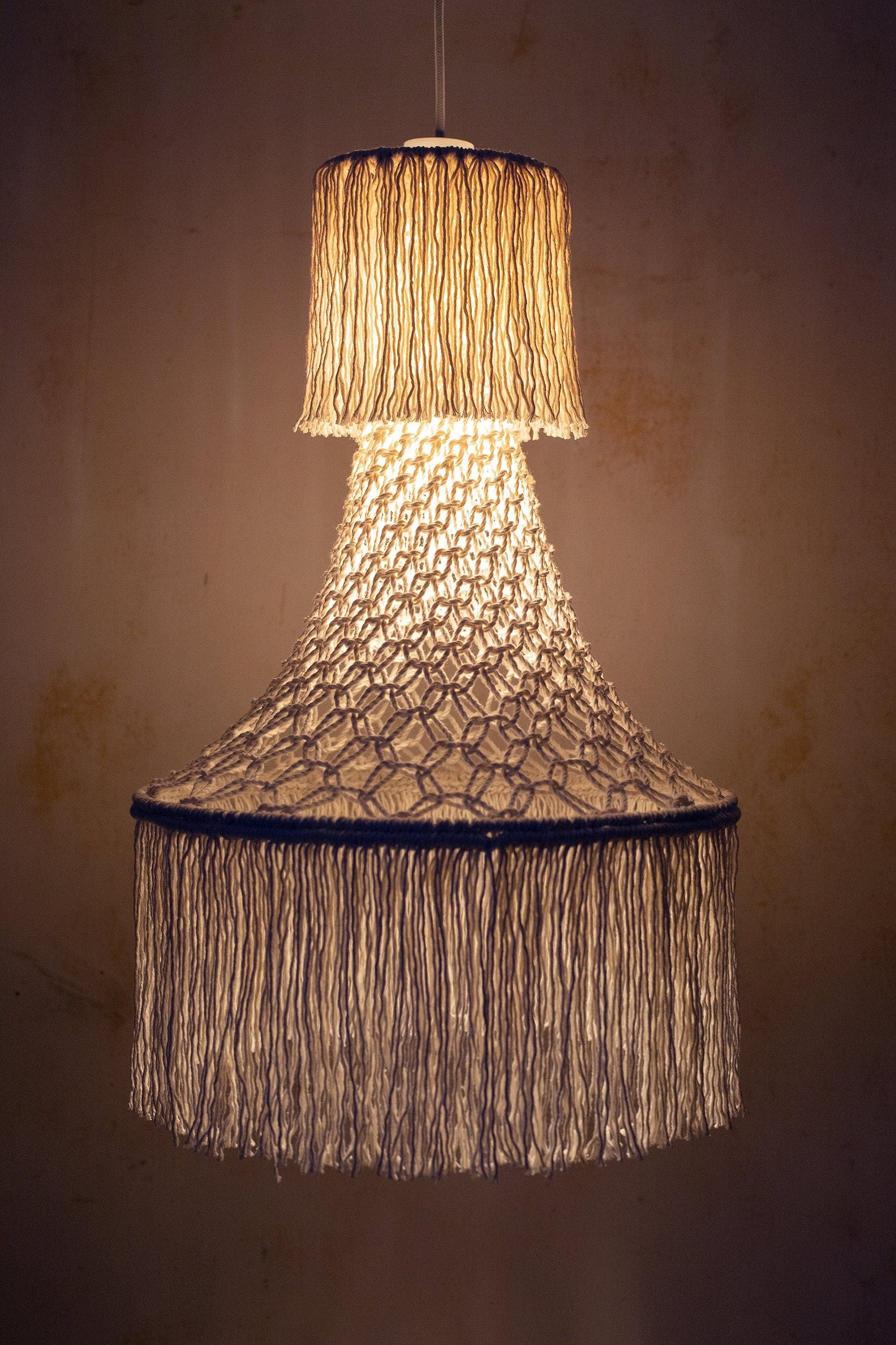 Handmade Macrame Lampshade – Boho Fringed Chandelier, Cotton Rope Pendant Light, Tassel Lamp Shade