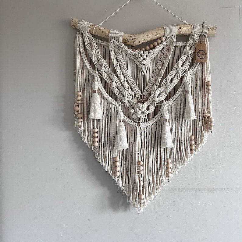 Handmade Macrame Wall Hanging with Tassels | Medium Macrame Backdrop | Eco-Friendly Ecru Cotton & Wooden Beads Ideal Gift