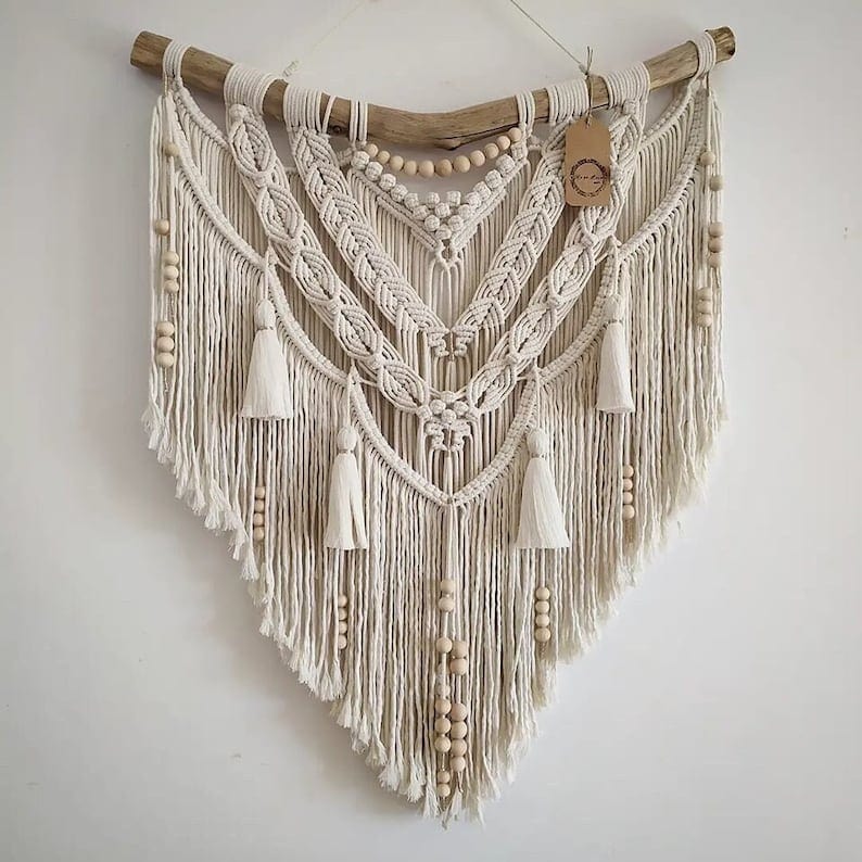 Handmade Macrame Wall Hanging with Tassels | Medium Macrame Backdrop | Eco-Friendly Ecru Cotton & Wooden Beads Ideal Gift