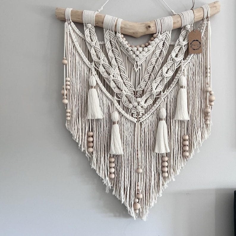 Handmade Macrame Wall Hanging with Tassels | Medium Macrame Backdrop | Eco-Friendly Ecru Cotton & Wooden Beads Ideal Gift